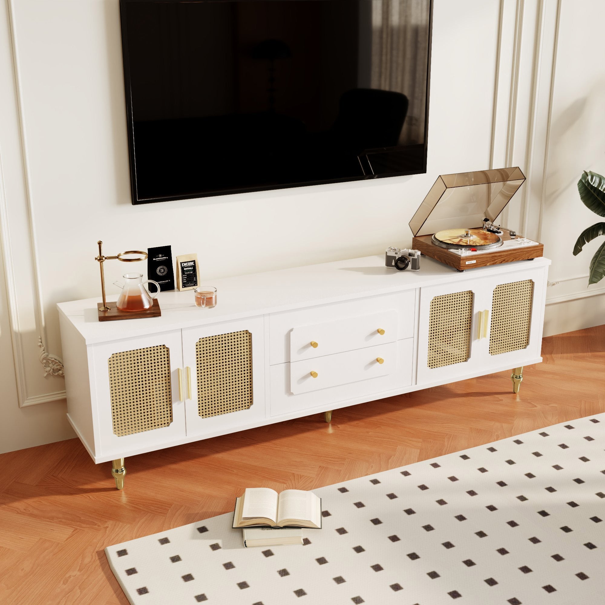 Logidon Lowboard White Retro Style TV Furniture with Golden Handles