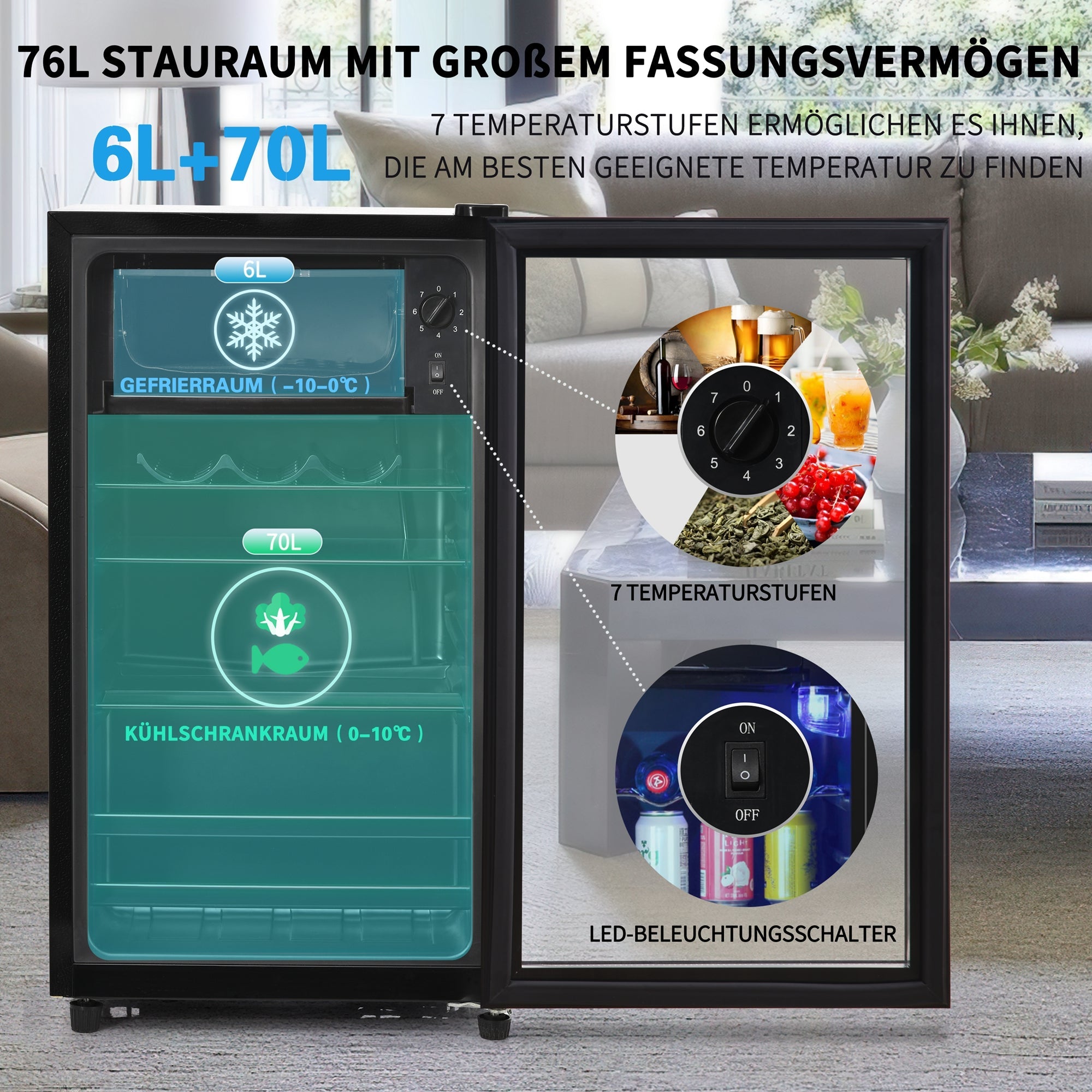 Logidon 76L minikoelkast Zwart 70L koelgedeelte, 6L vriesgedeelte, LED