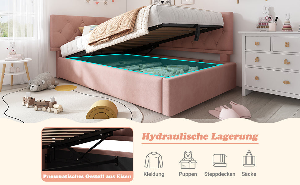 Logidon slaapbank 90x190 roze fluweel met hydraulische opbergruimte