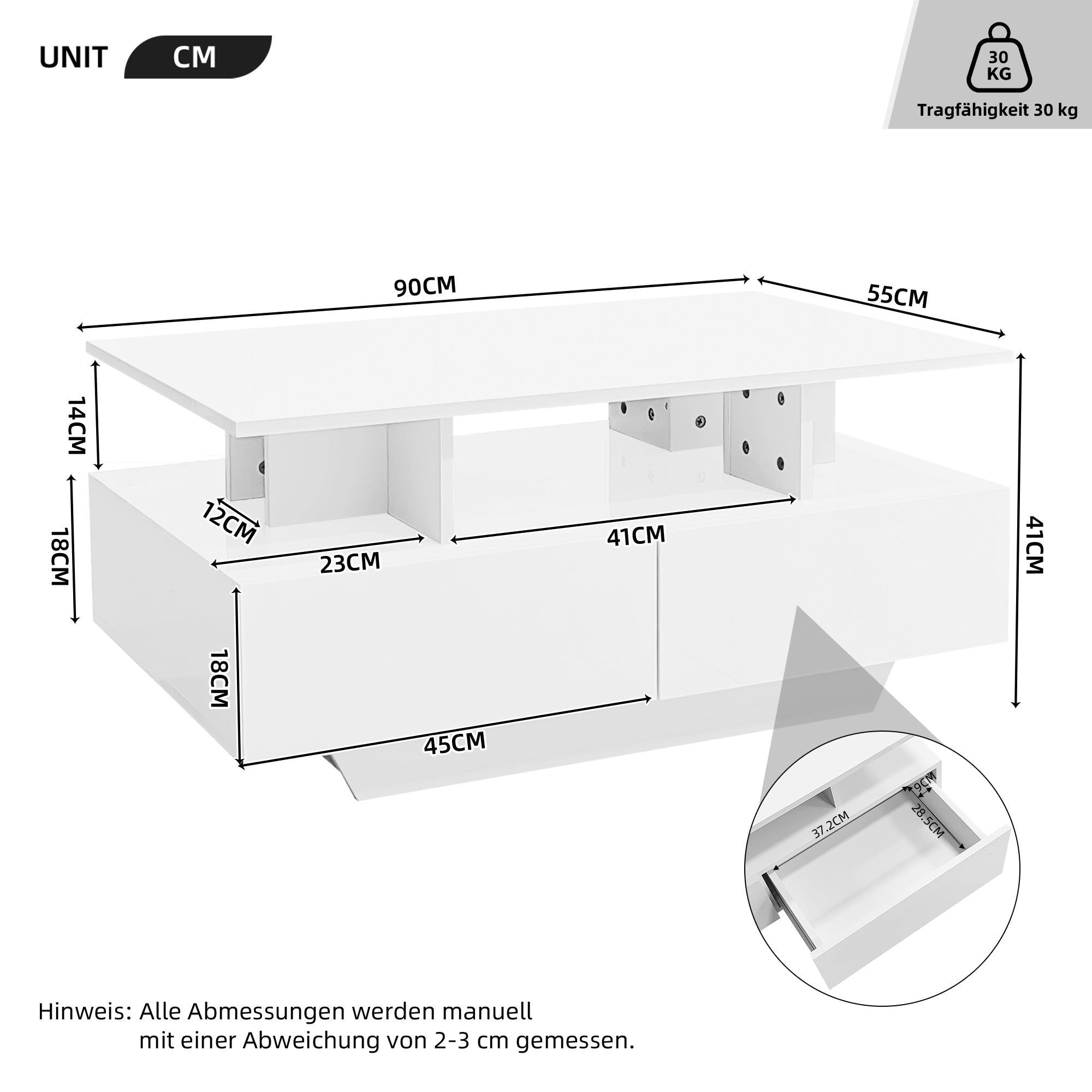 Logidon hoogglans salontafel LED, 2 lades, 90x55x41 cm wit