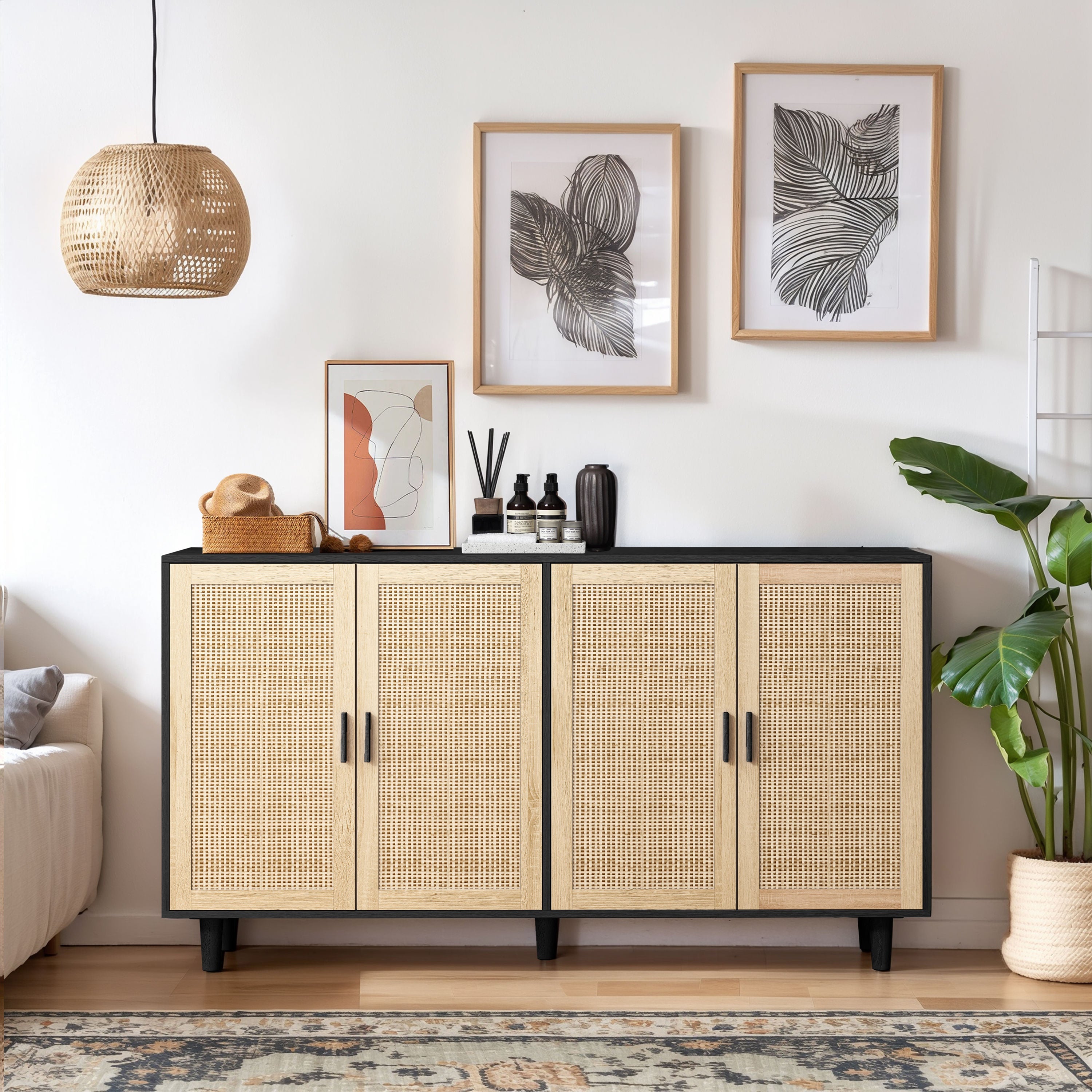 Logidon 158 cm elegante rotan opbergkast met 4 deuren zwart