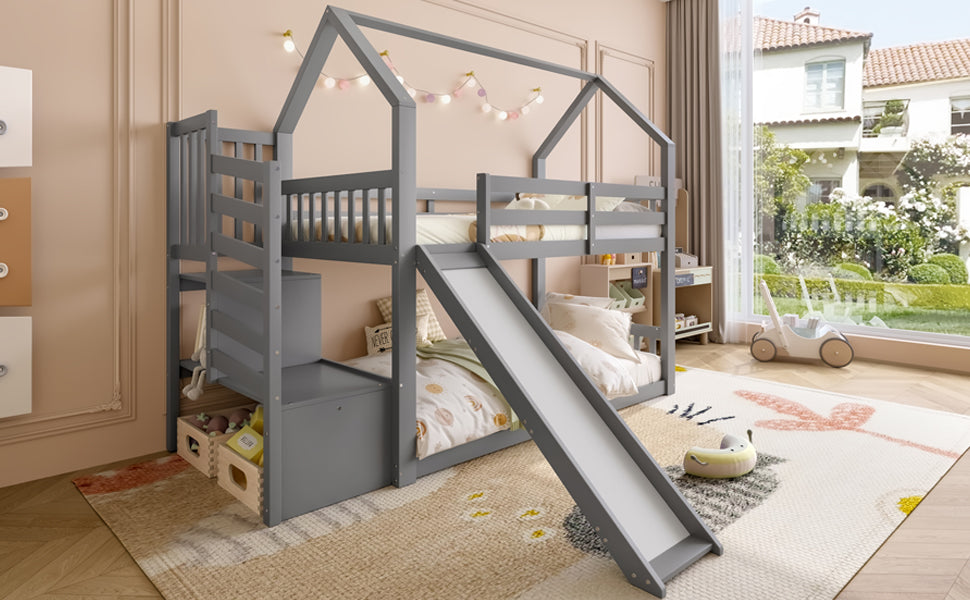 Logidon stapelbed grijs 90x200 met opbergtrap en glijbaan