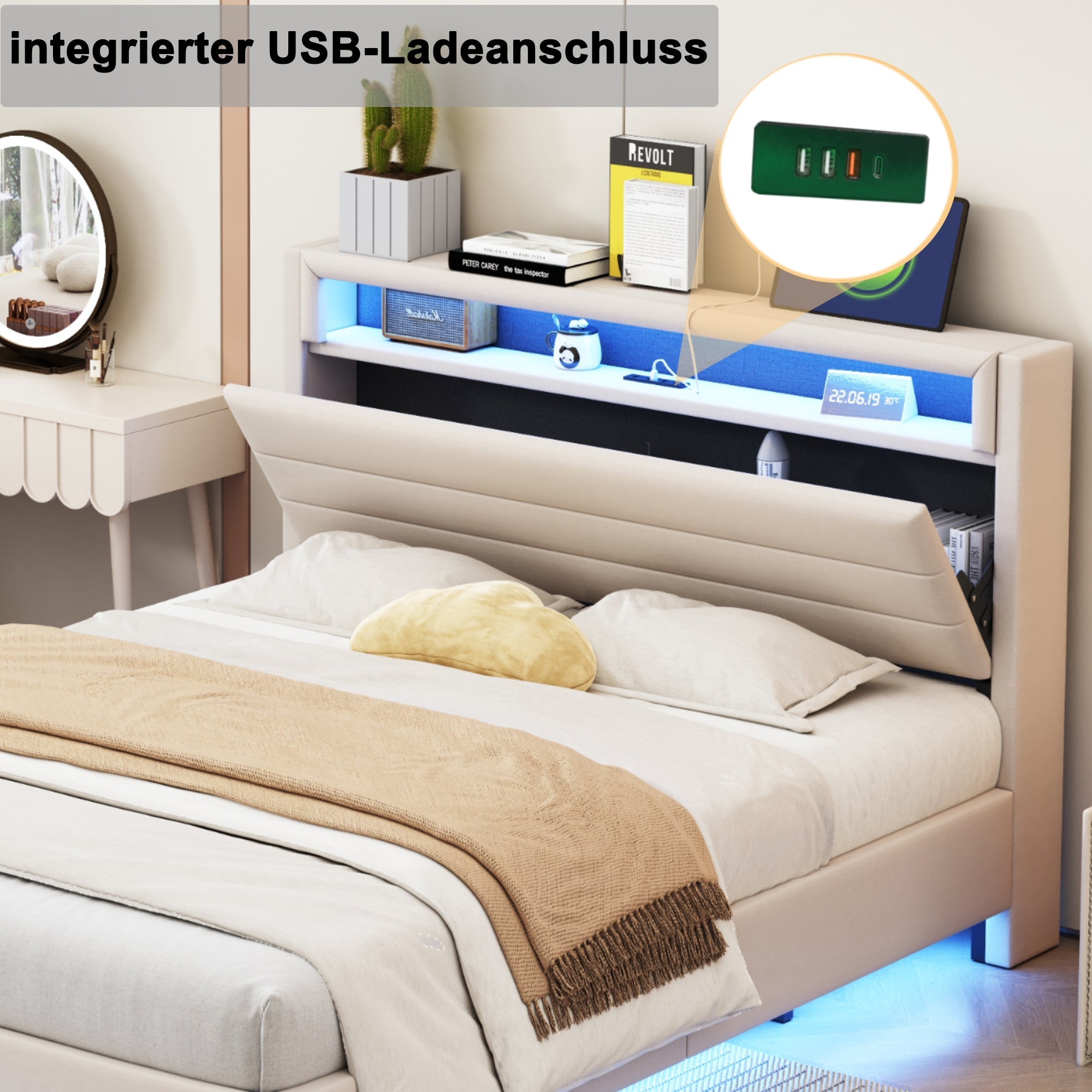 Logidon gestoffeerd bed 140x200 cm met USB oplaadpunt en LED lichtbeige