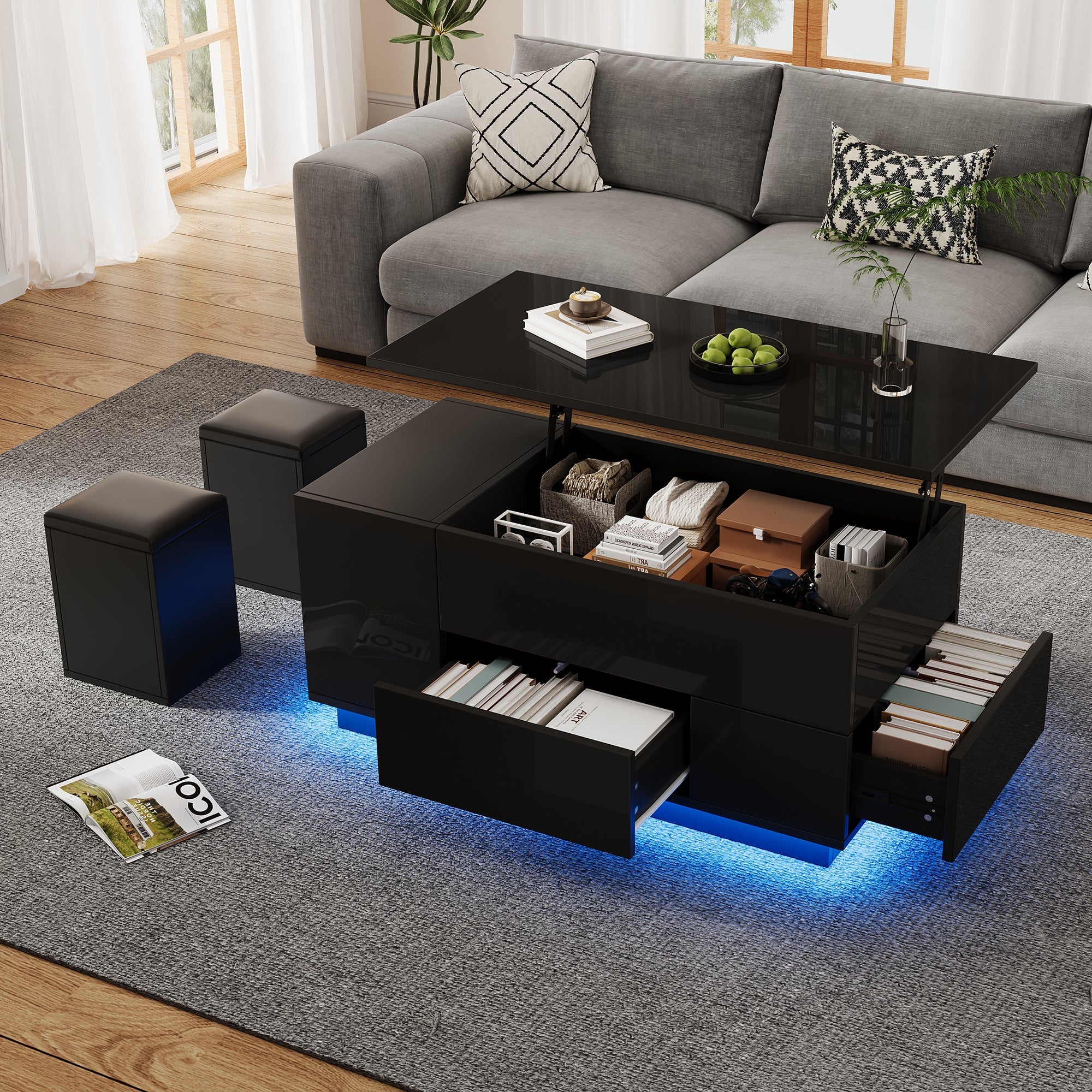 Logidon 4-in-1 in hoogte verstelbare salontafel zwart 100x50x45 cm LED