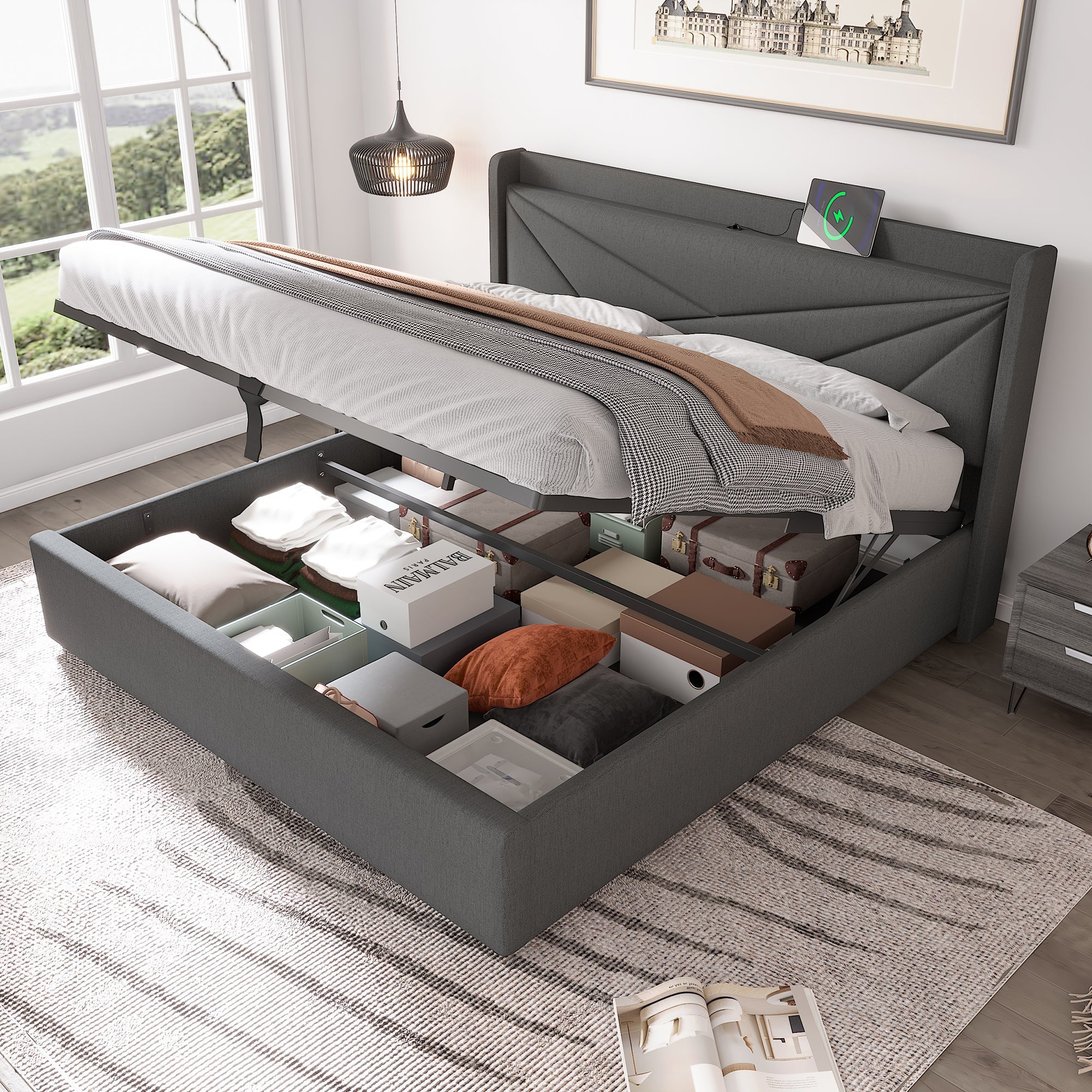Logidon gestoffeerd bed opbergruimte USB Type C oplaadfunctie 160x200 grijs