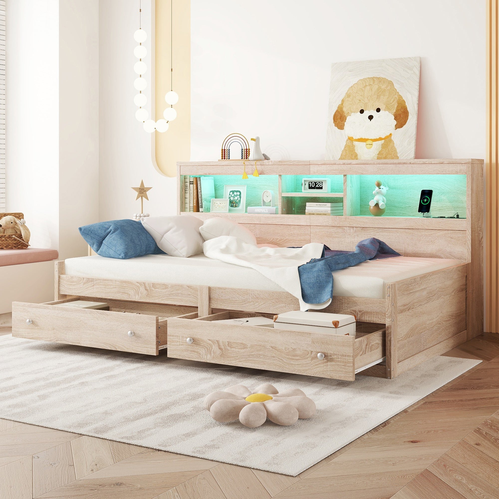 Logidon Daybed 90x200cm slaapbank met sfeerverlichting USB naturel