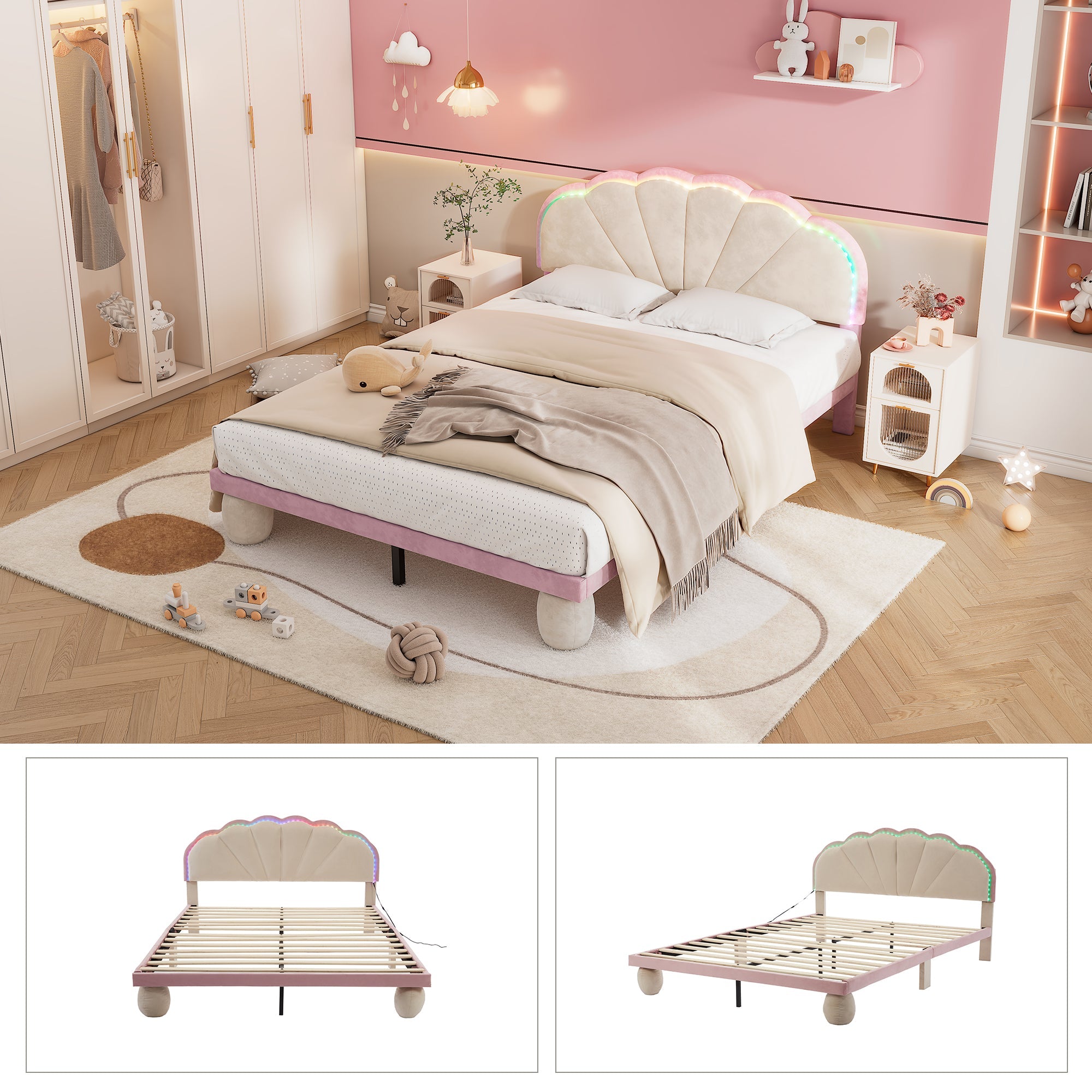 Logidon gestoffeerd bed 140x200 beige roze LED-lichtstrips