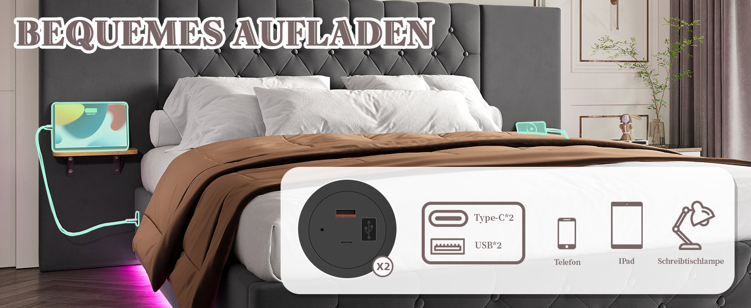 Logidon bedframe 140x200 cm grijs fluweel breed hoofdbord LED