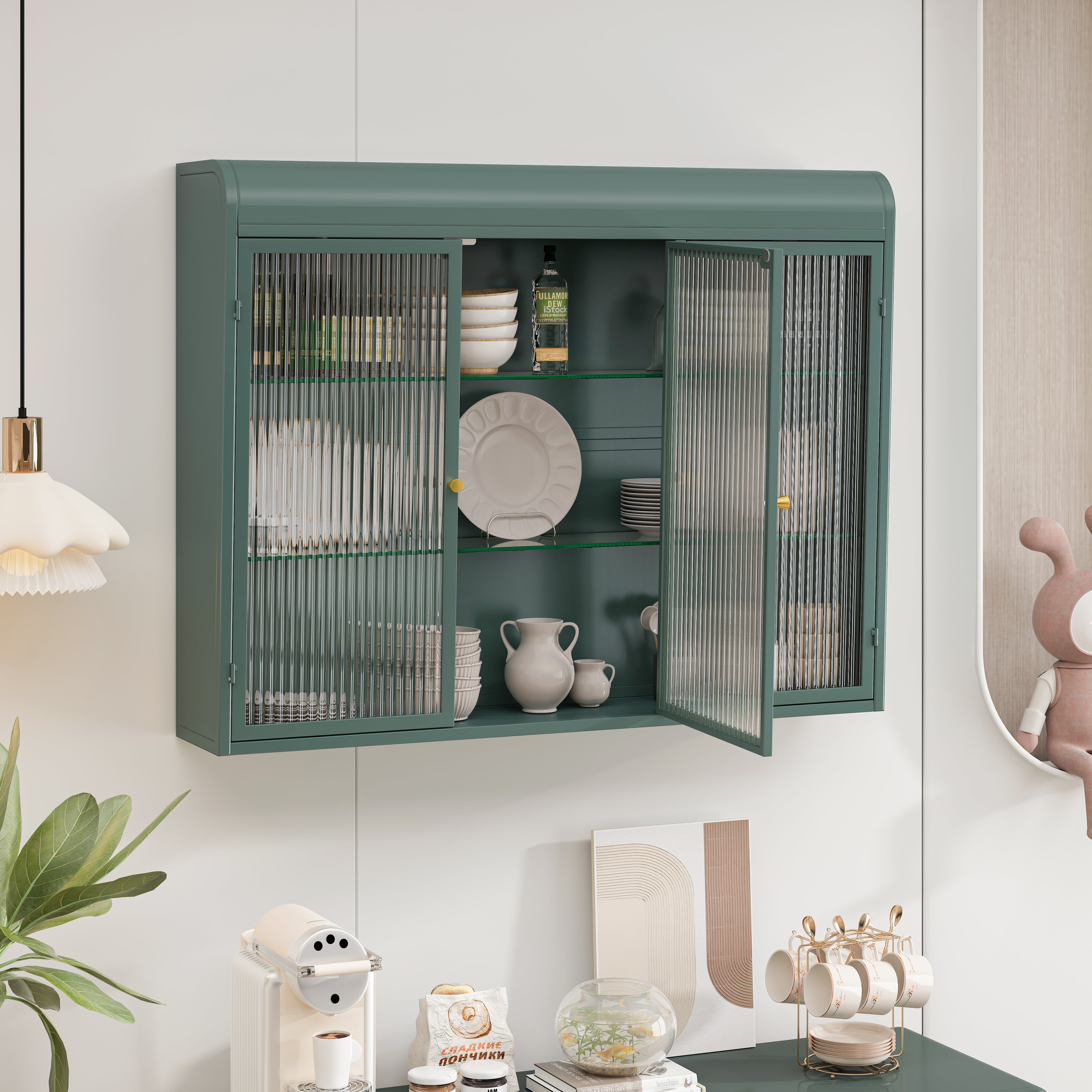 Logidon driedeurs gebogen glazen wandvitrine donkergroen
