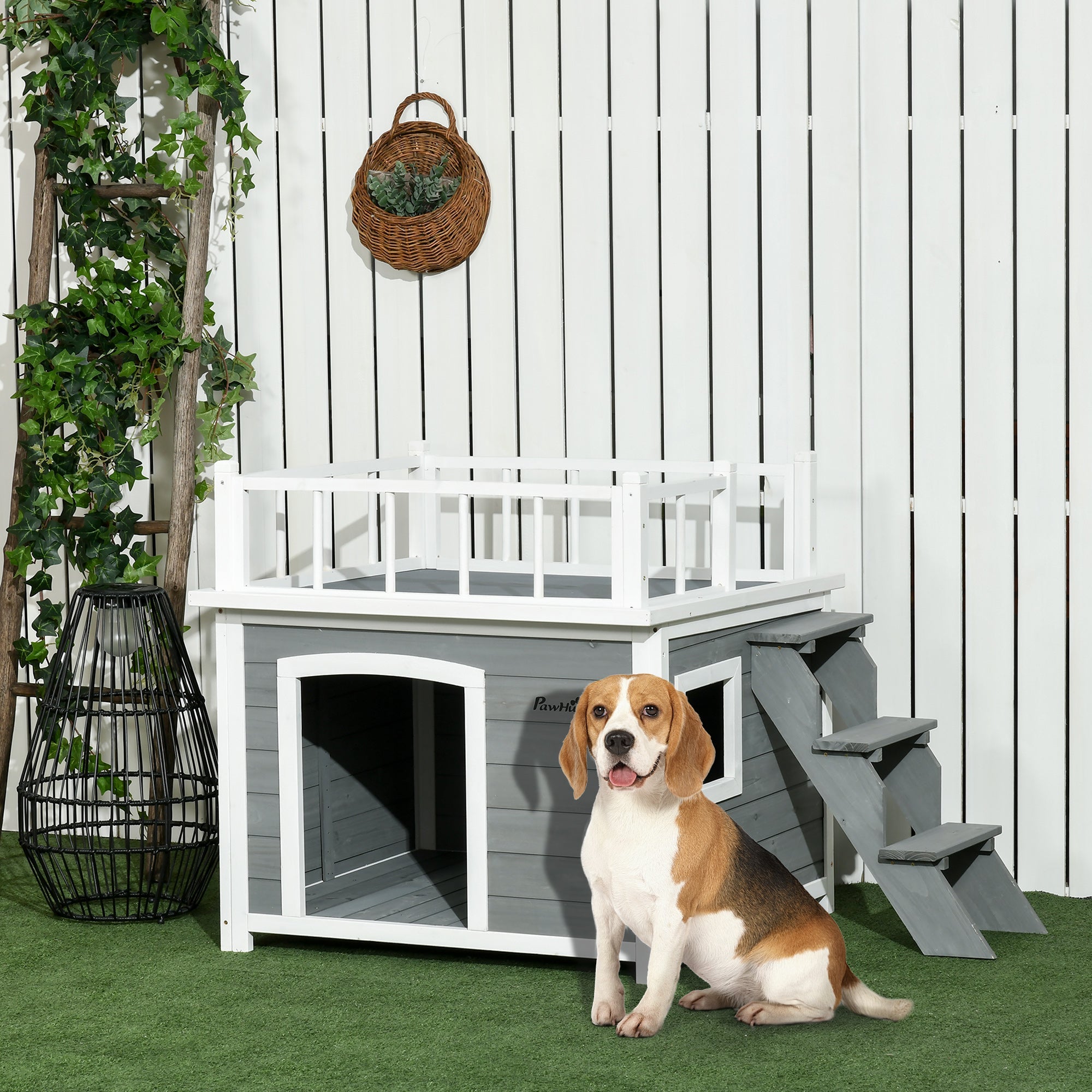 Logidon Hondenkennel PawHut Met Balkontrap Verhoogd Houten Huis Lichtgrijs
