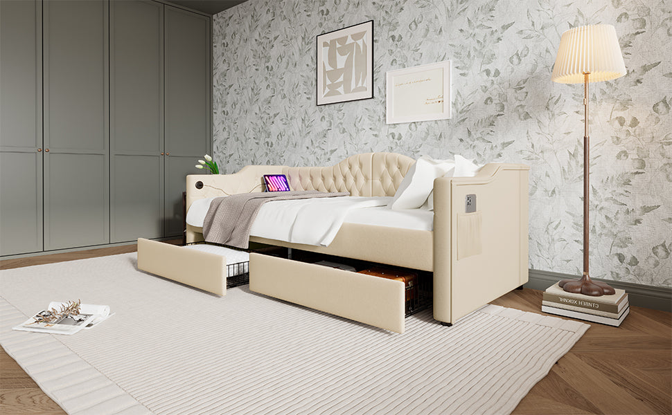 Logidon gestoffeerde slaapbank 90x200 beige USB-oplaadfunctie 2 compartimenten