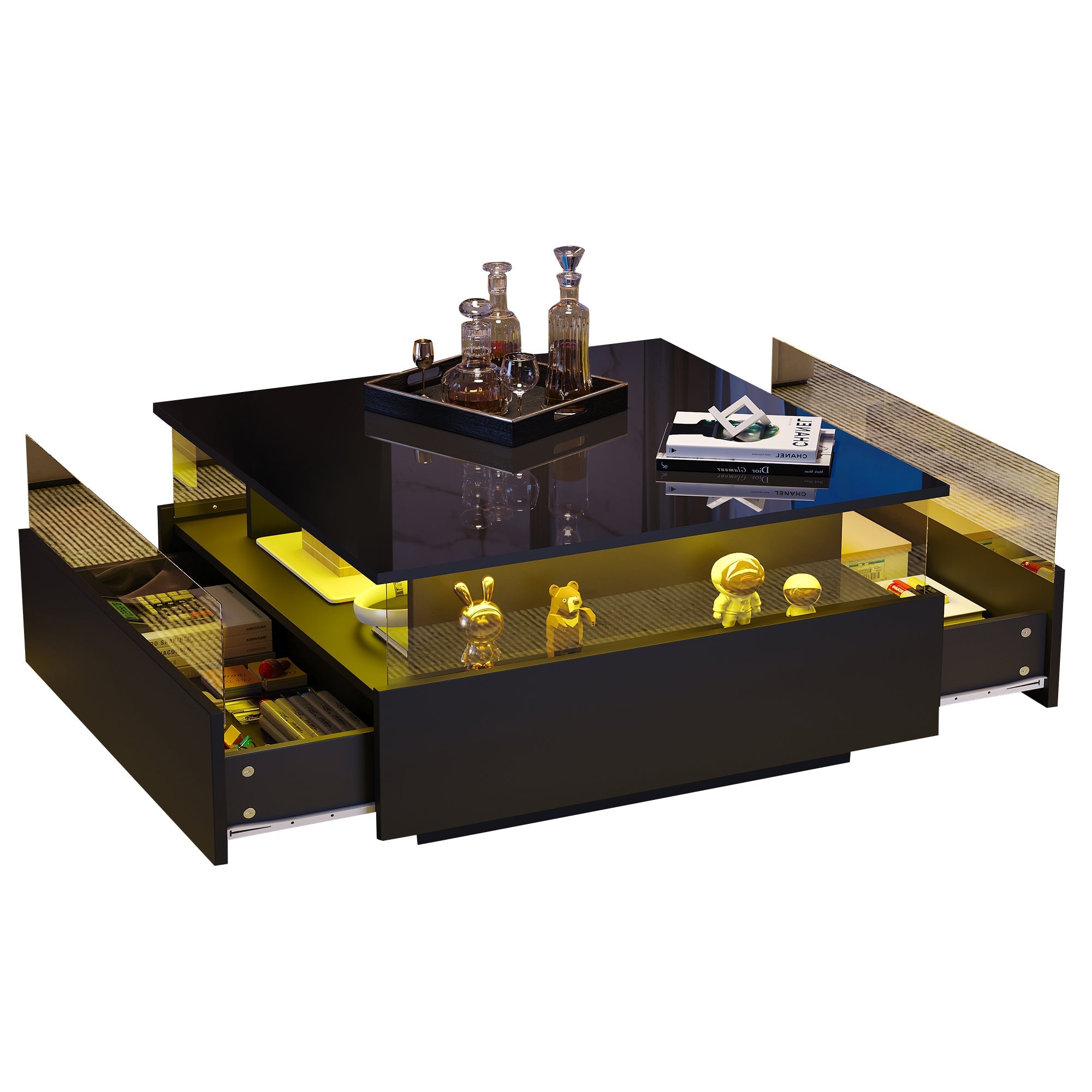 Logidon hoogglans LED salontafel 90x55x45 cm zwart 2 lades