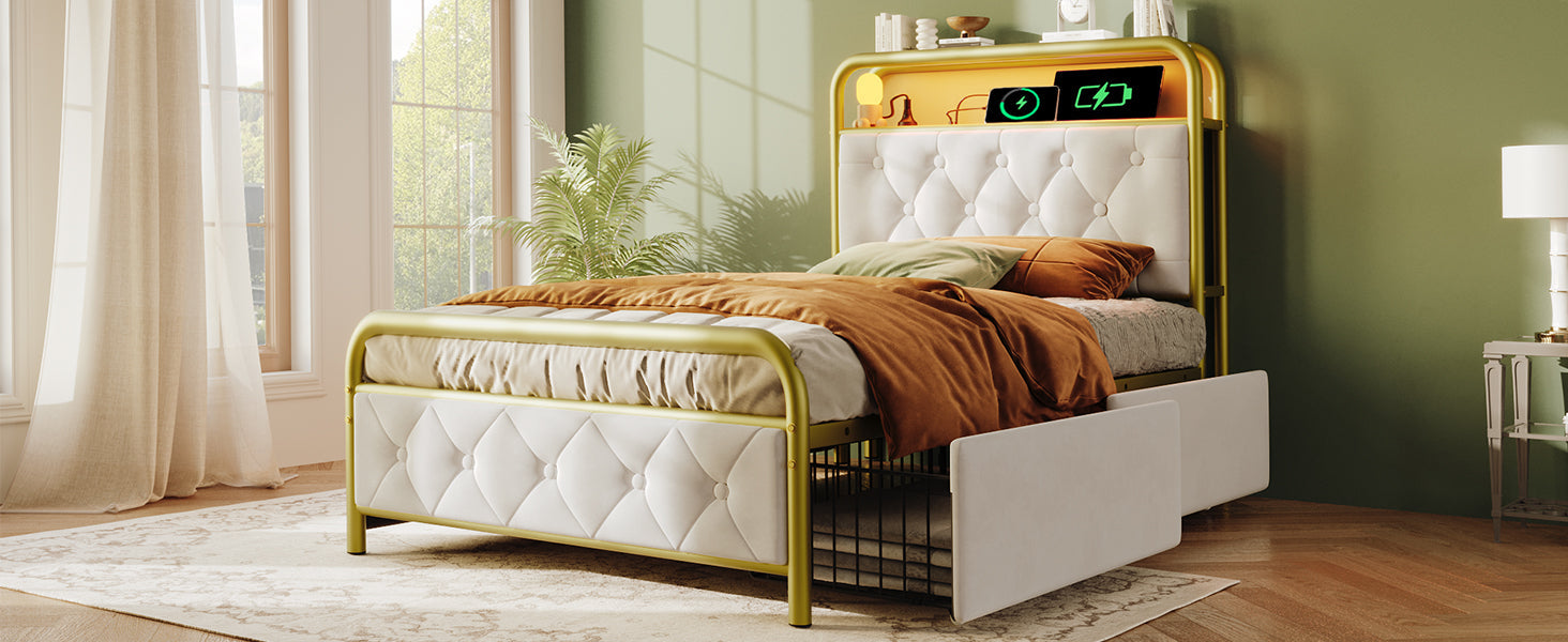 Logidon upholstered bed 90x200 USB C charging function LED white velvet drawers
