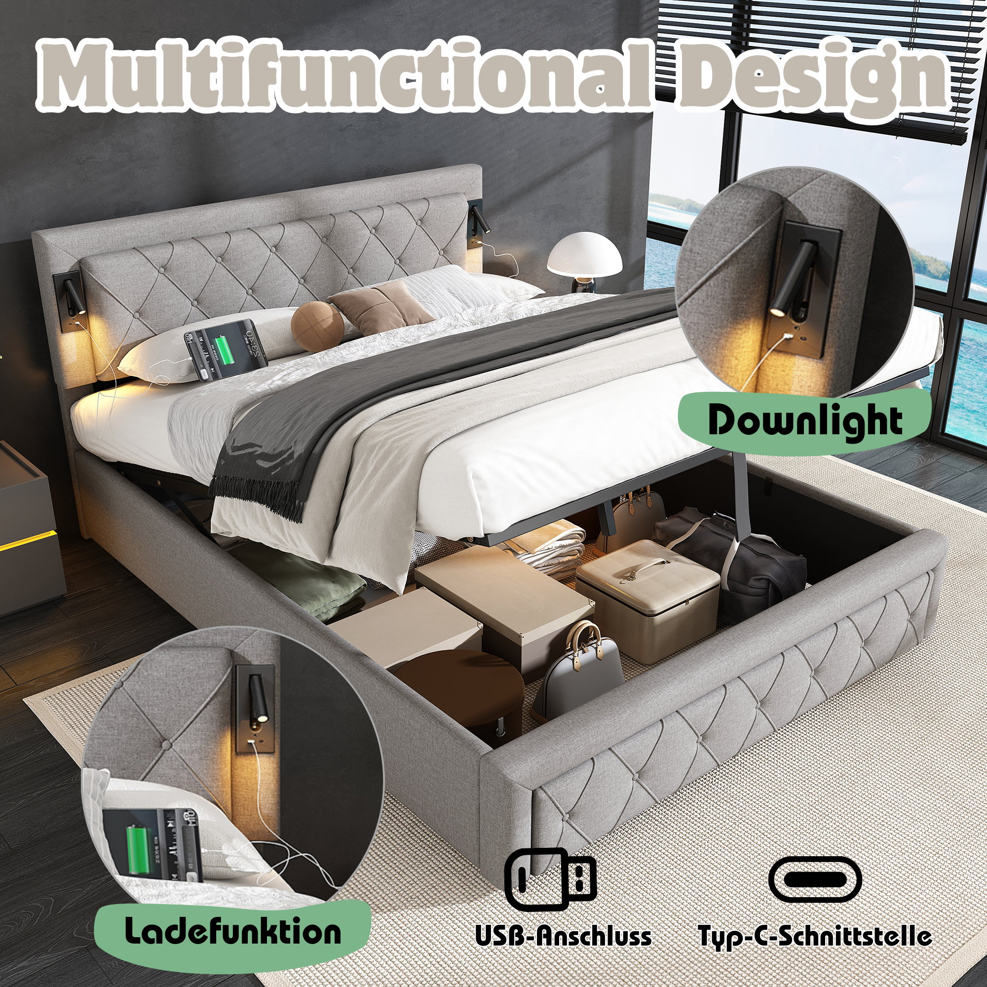 Logidon gestoffeerd bed 160x200 grijs met inbouwspot USB opbergruimte lattenbodem