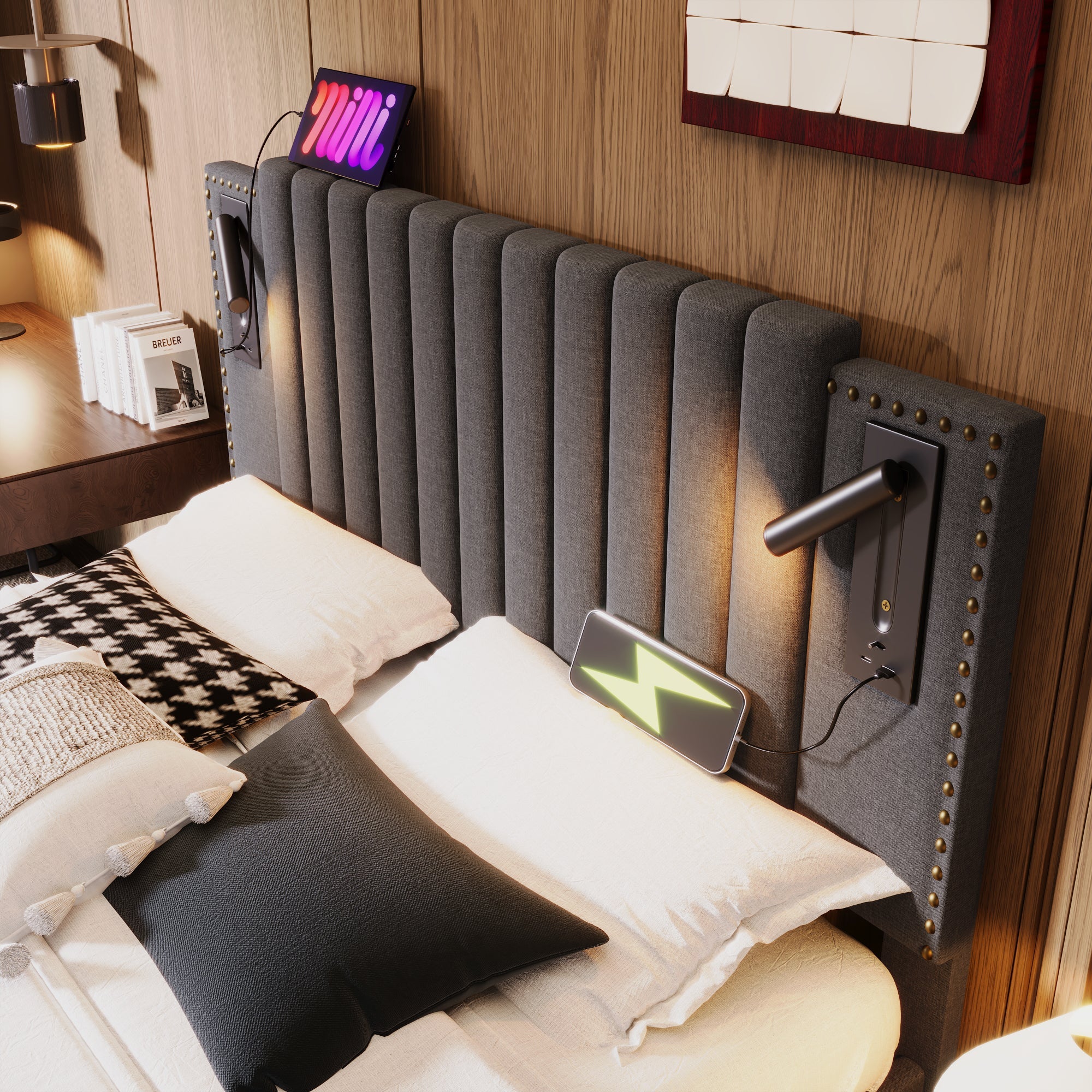 Logidon gestoffeerd bed 180x200 grijs met opbergruimte en USB-oplaadfunctie