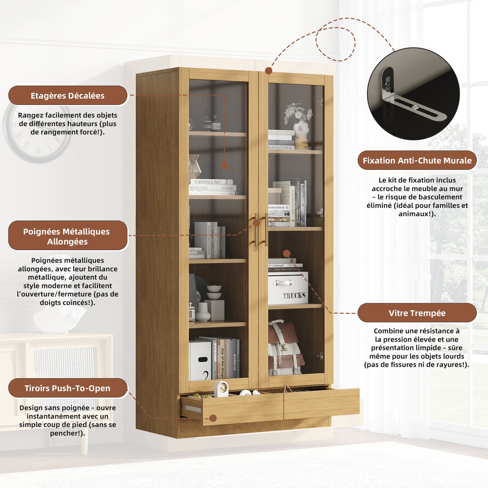 Logidon vitrinekast 80x40x160 cm naturel hout met push-to-open lades
