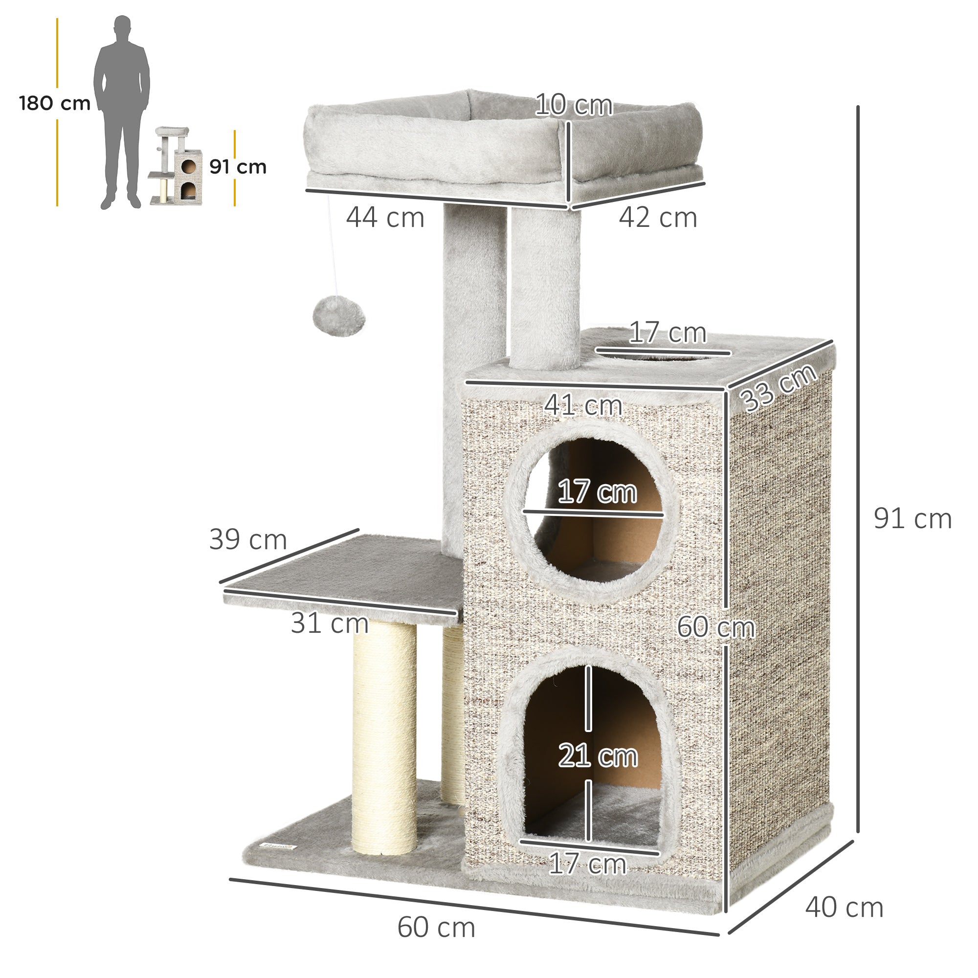 Logidon kattenkrabpaal 91cm met 2 kattengrotten sisalzuilen lichtgrijs