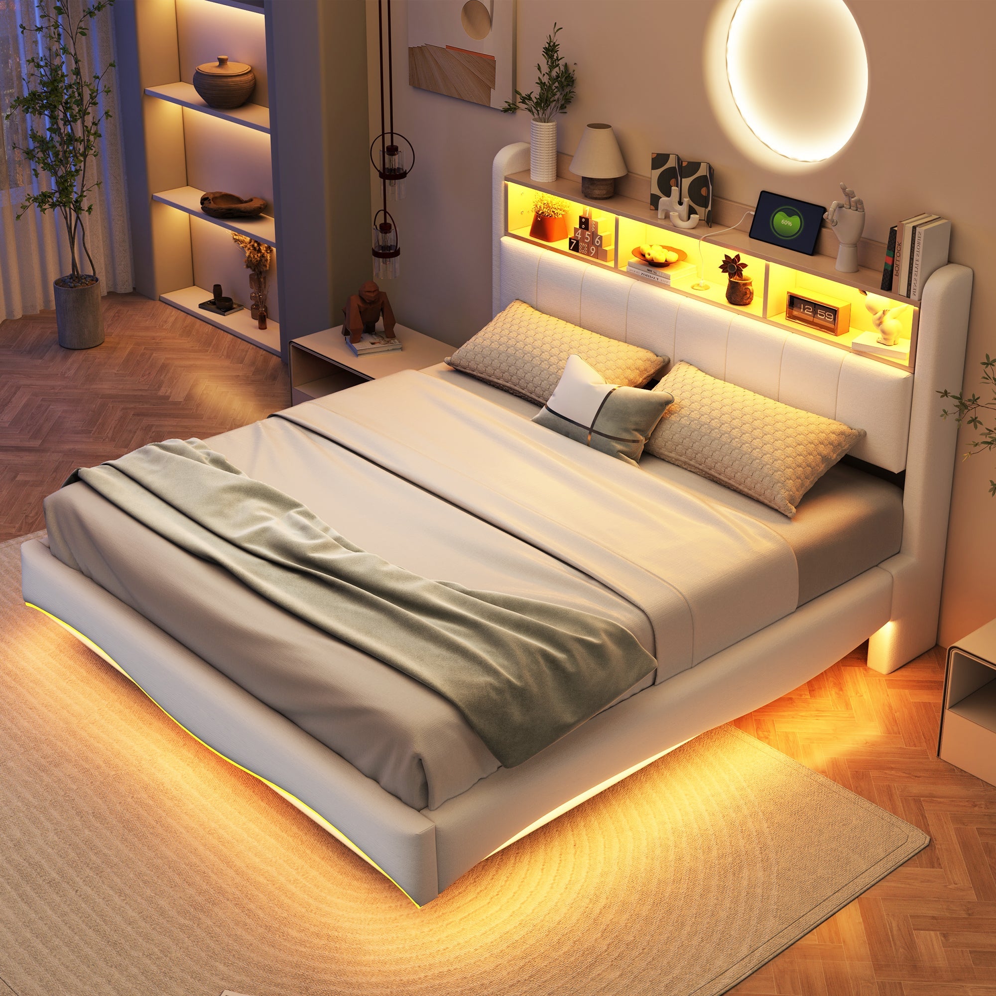 Logidon hangend gestoffeerd bed 160x200 beige met LED-licht USB C