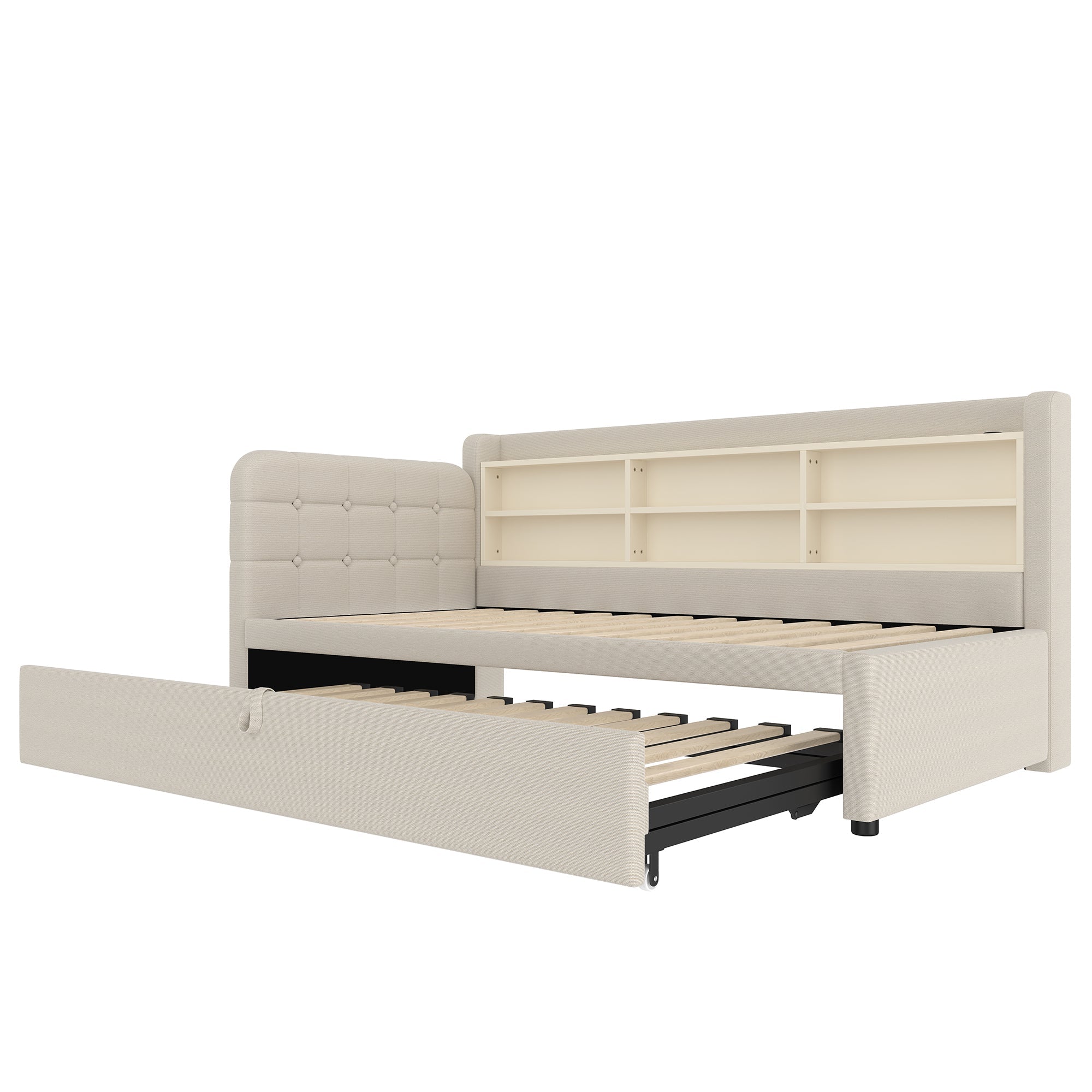 Logidon Daybed 90x200 beige linnen uitschuifbare slaapbank USB Type C