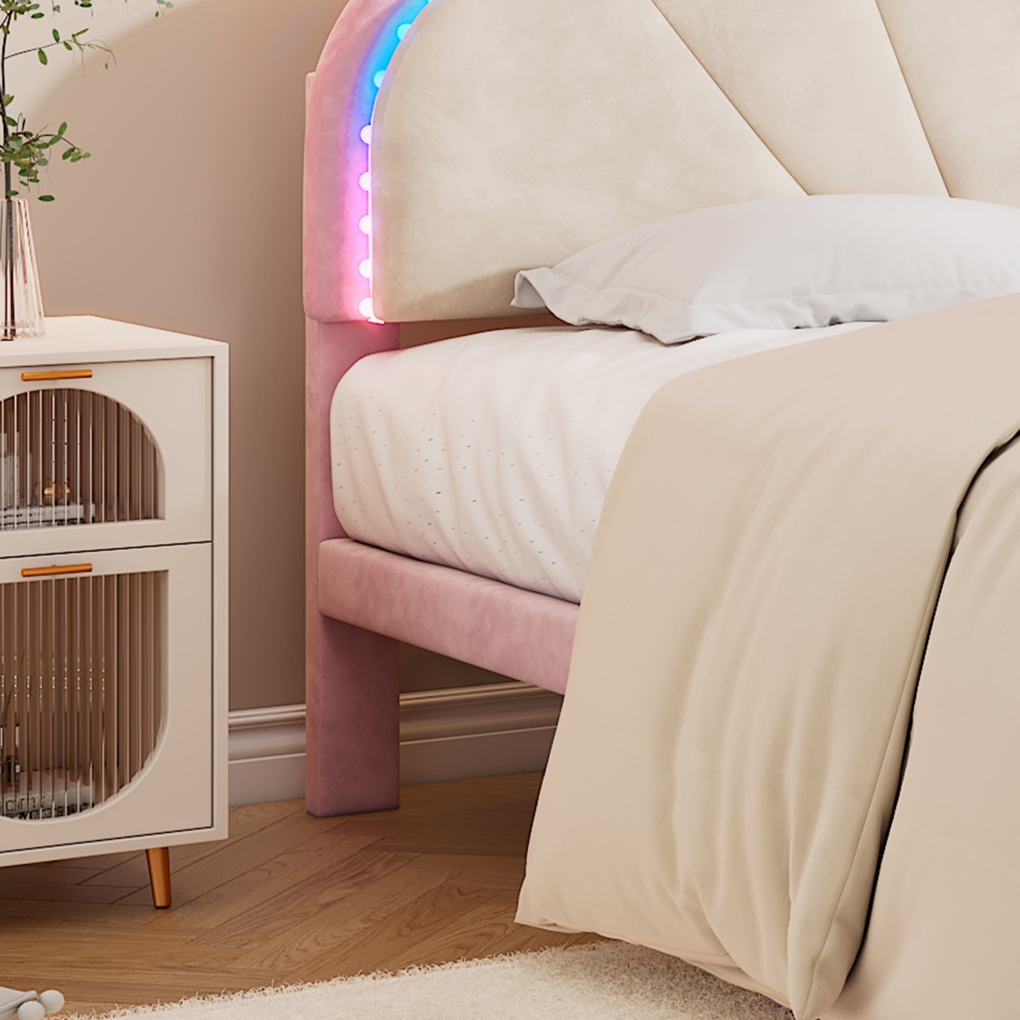 Logidon gestoffeerd bed 140x200 beige roze LED-lichtstrips