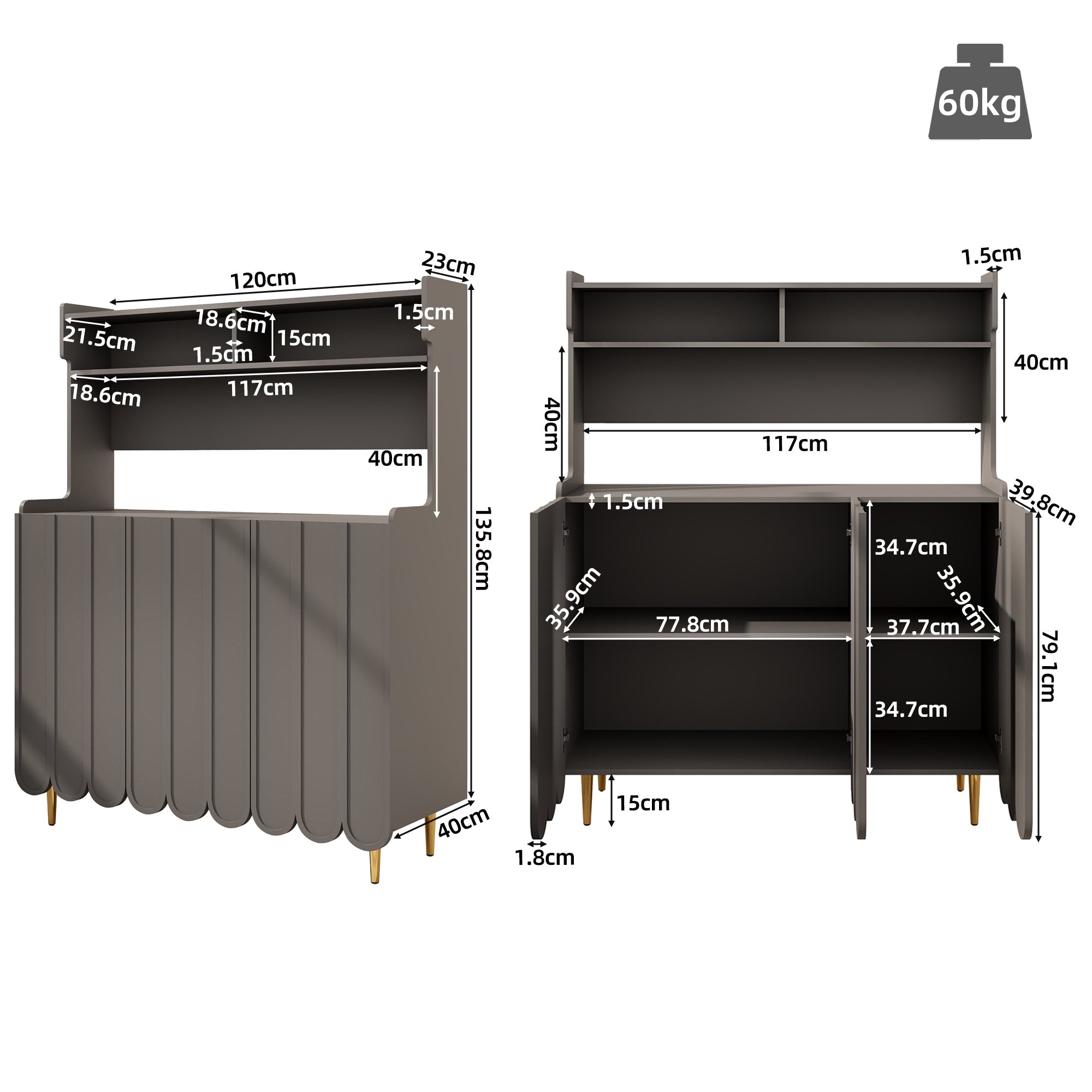 Logidon grijs dressoir 120 x 40 x 151 cm open opbergplank