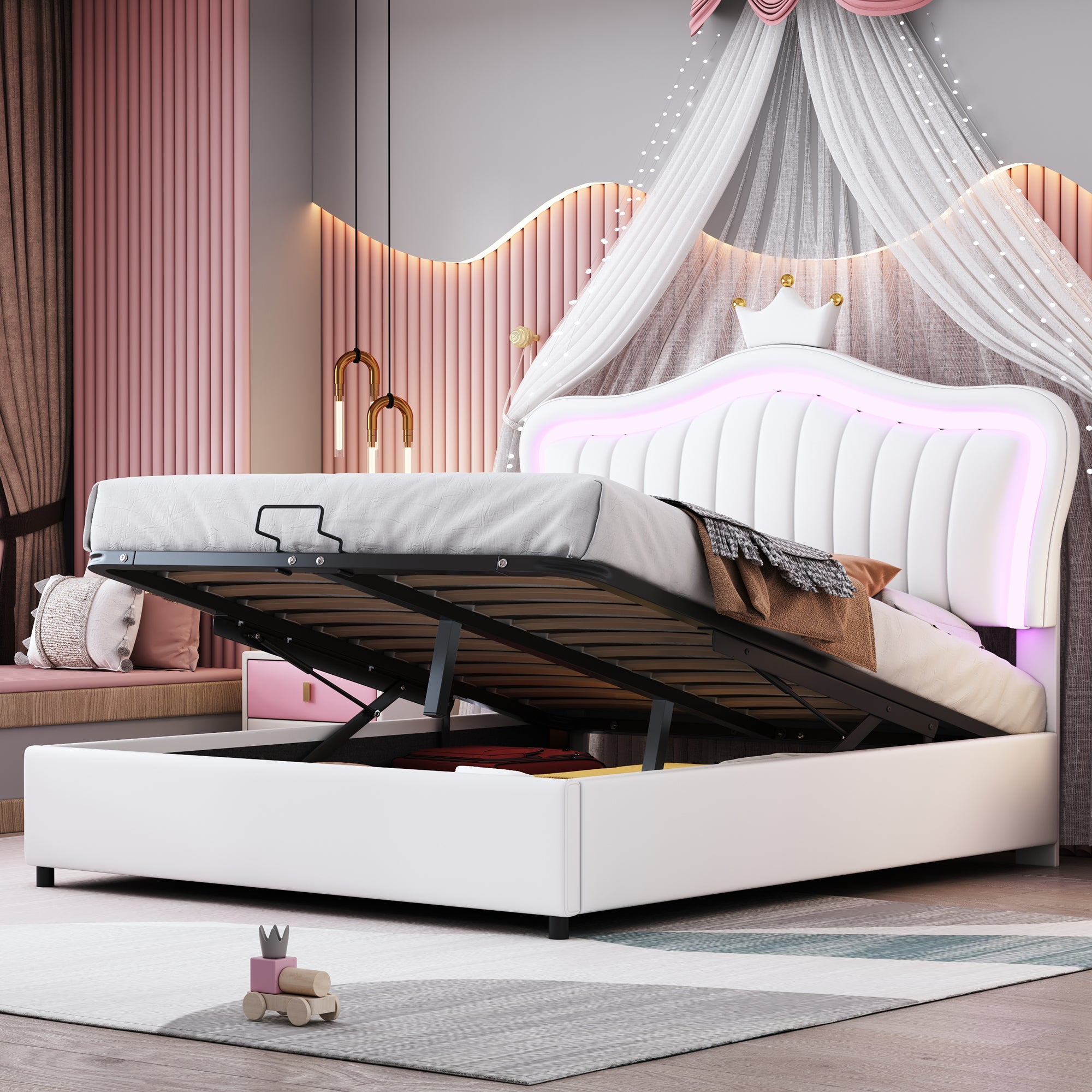 Logidon kinderbed 140 x 200 cm gestoffeerd bed met opbergruimte LED wit