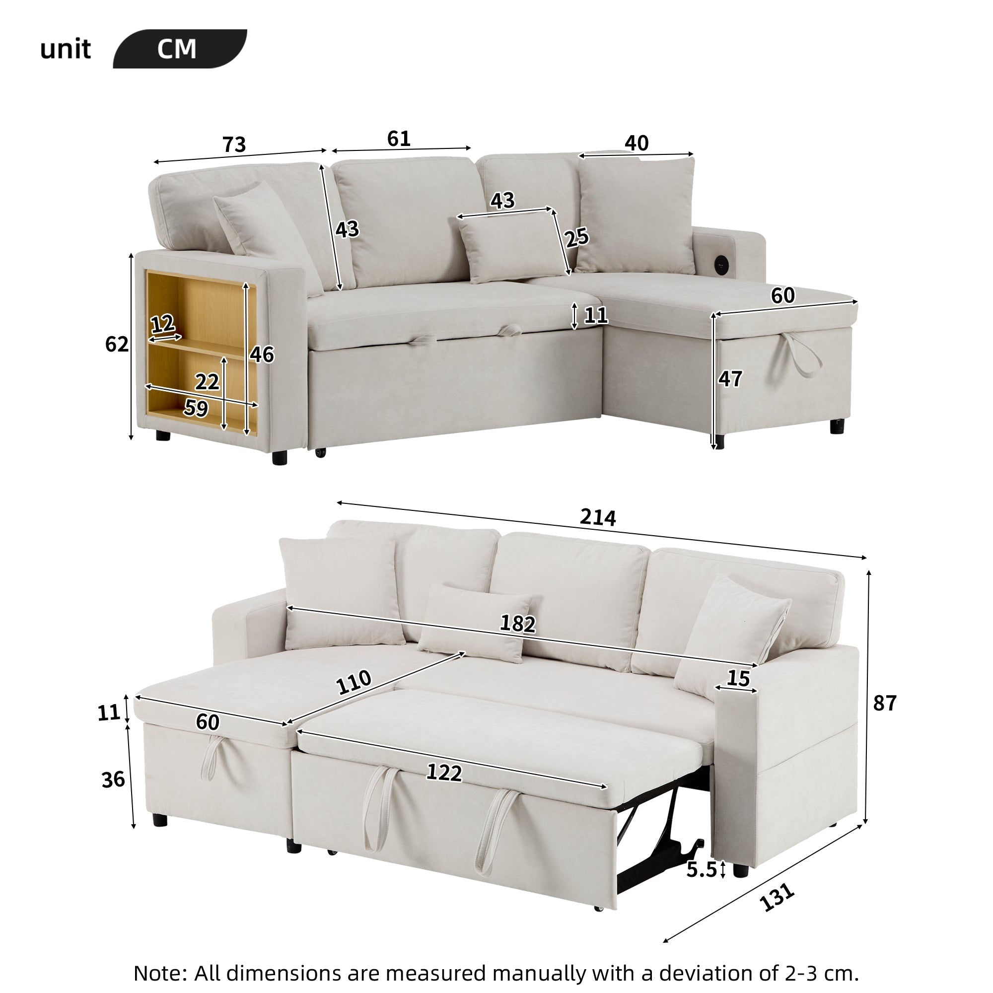 Logidon hoekslaapbank L-vorm uitschuifbaar beige met bedkastplank