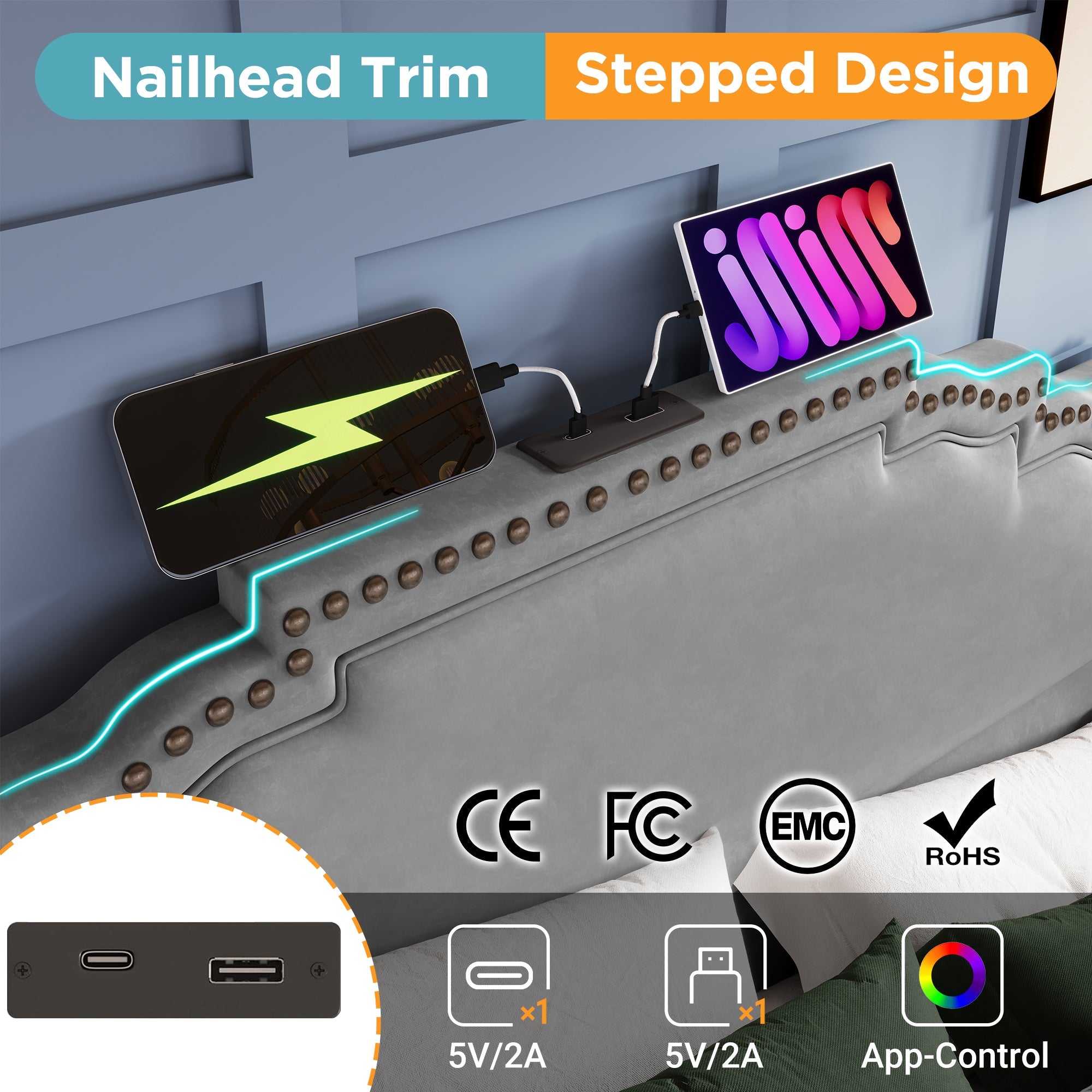 Logidon gestoffeerd bed 160x200 grijs fluweel met opbergruimte LED USB C