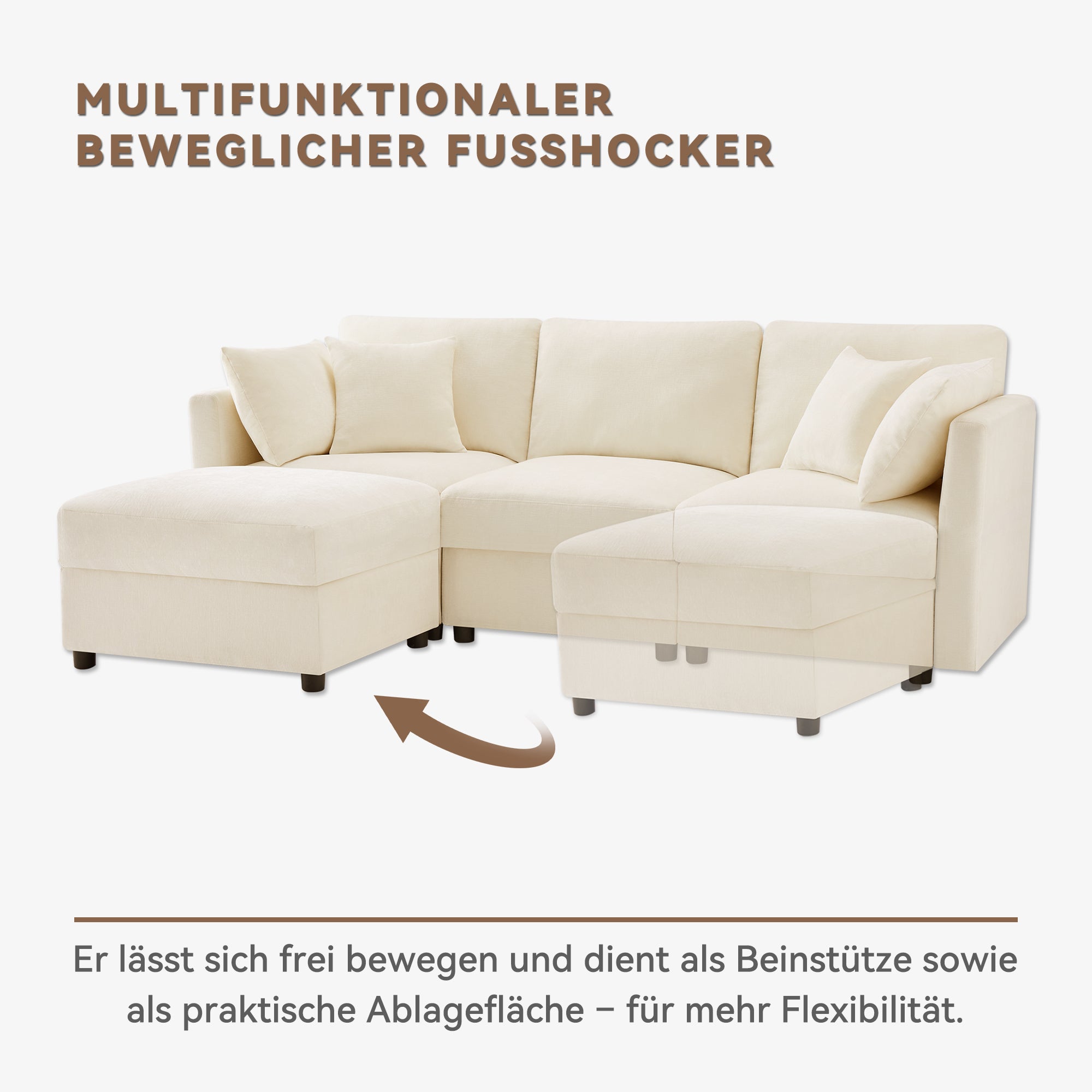 Logidon L-vormige hoekbank beige met voetenbank, uitklapbare slaapbank