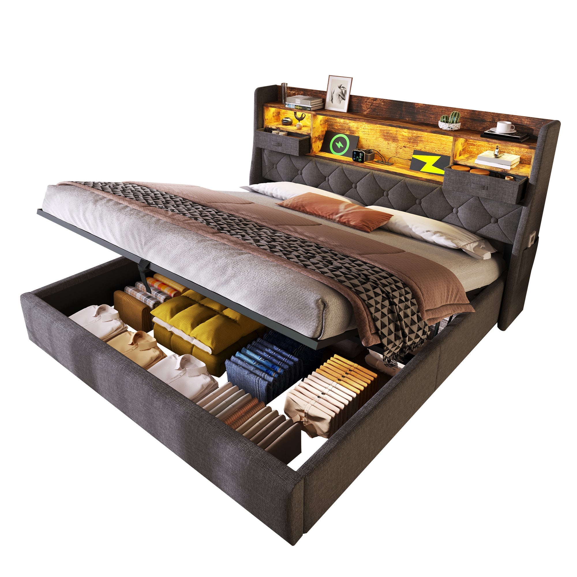 Logidon gestoffeerd bed 160x200 cm met opbergruimte, LED-hoofdbord, USB-C