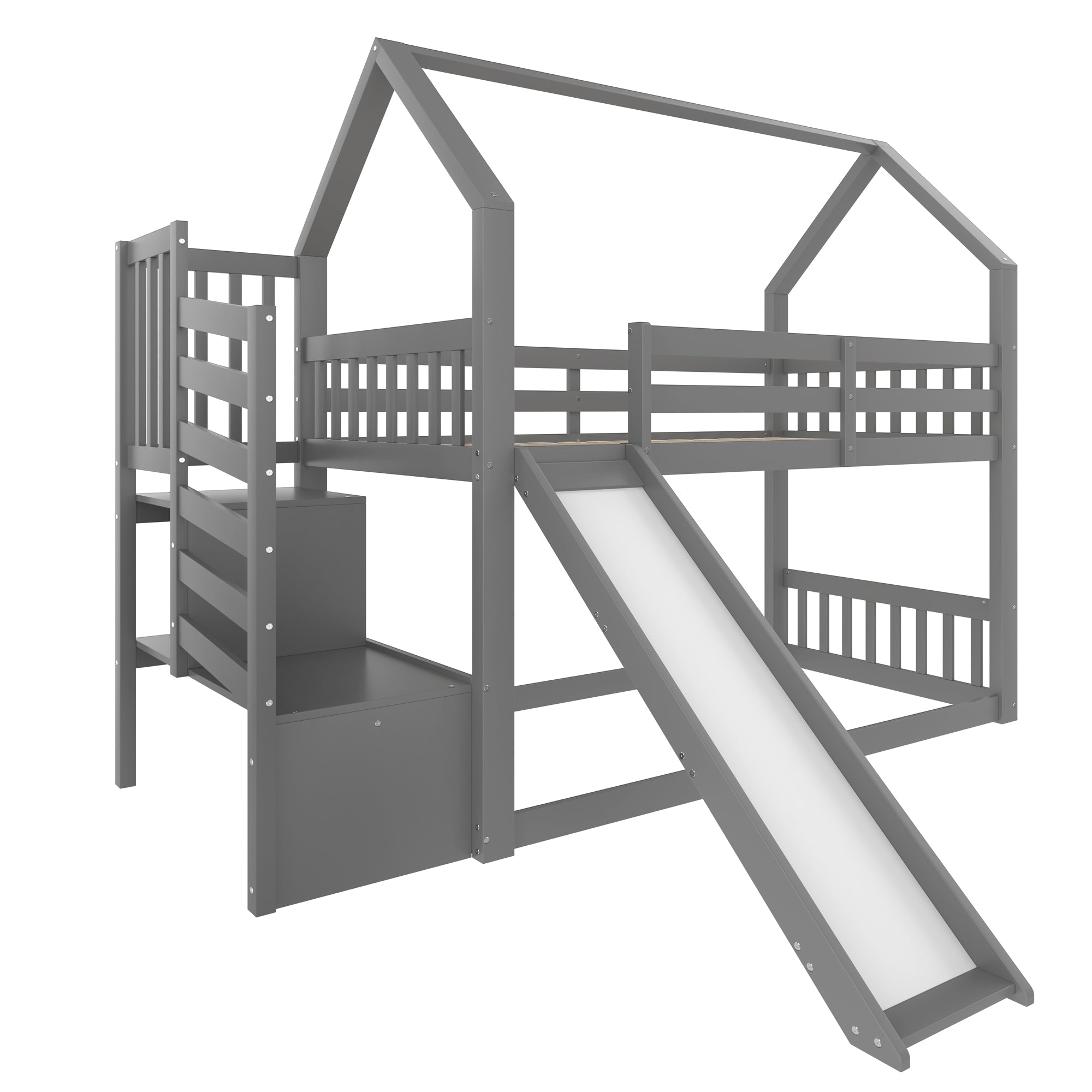 Logidon stapelbed grijs 90x200 met opbergtrap en glijbaan