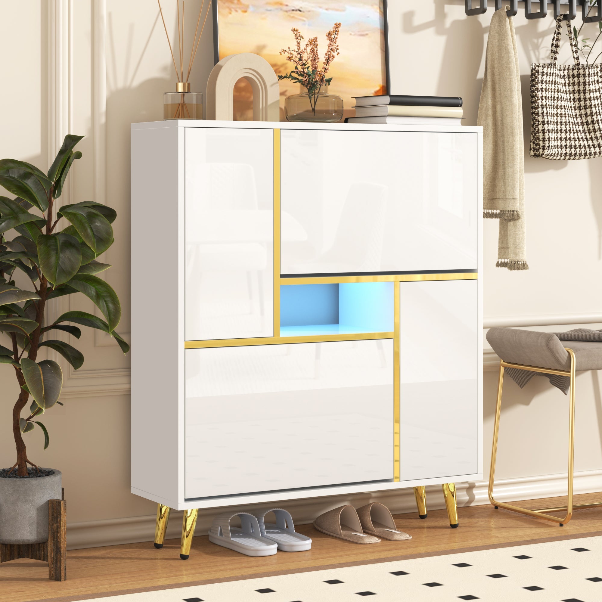 Logidon Moderne Schoenenkast Wit met Hoogglans Front en LED Licht 80x25x96 Cm