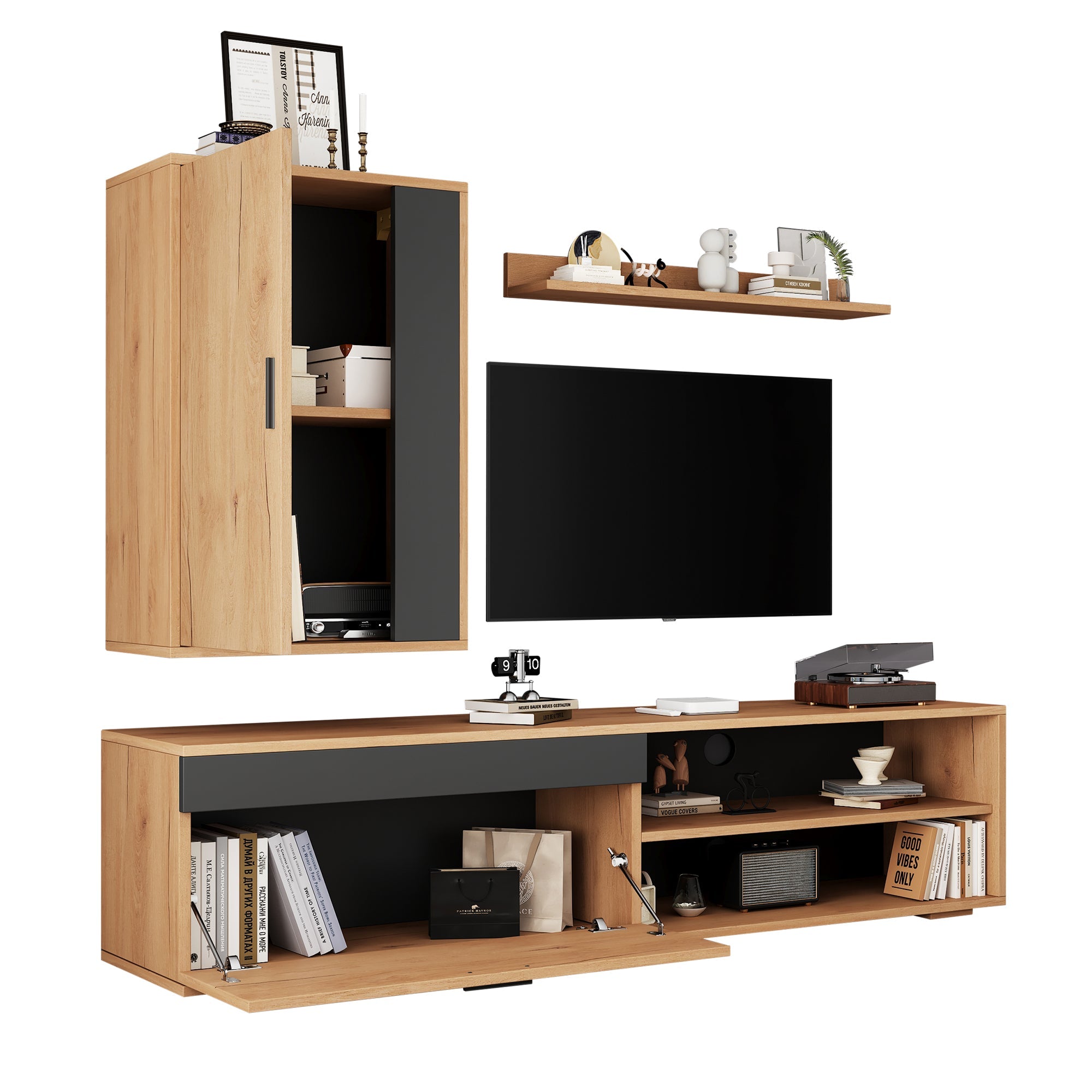 Logidon TV wandmeubelset 140 cm driedelig hout zwart