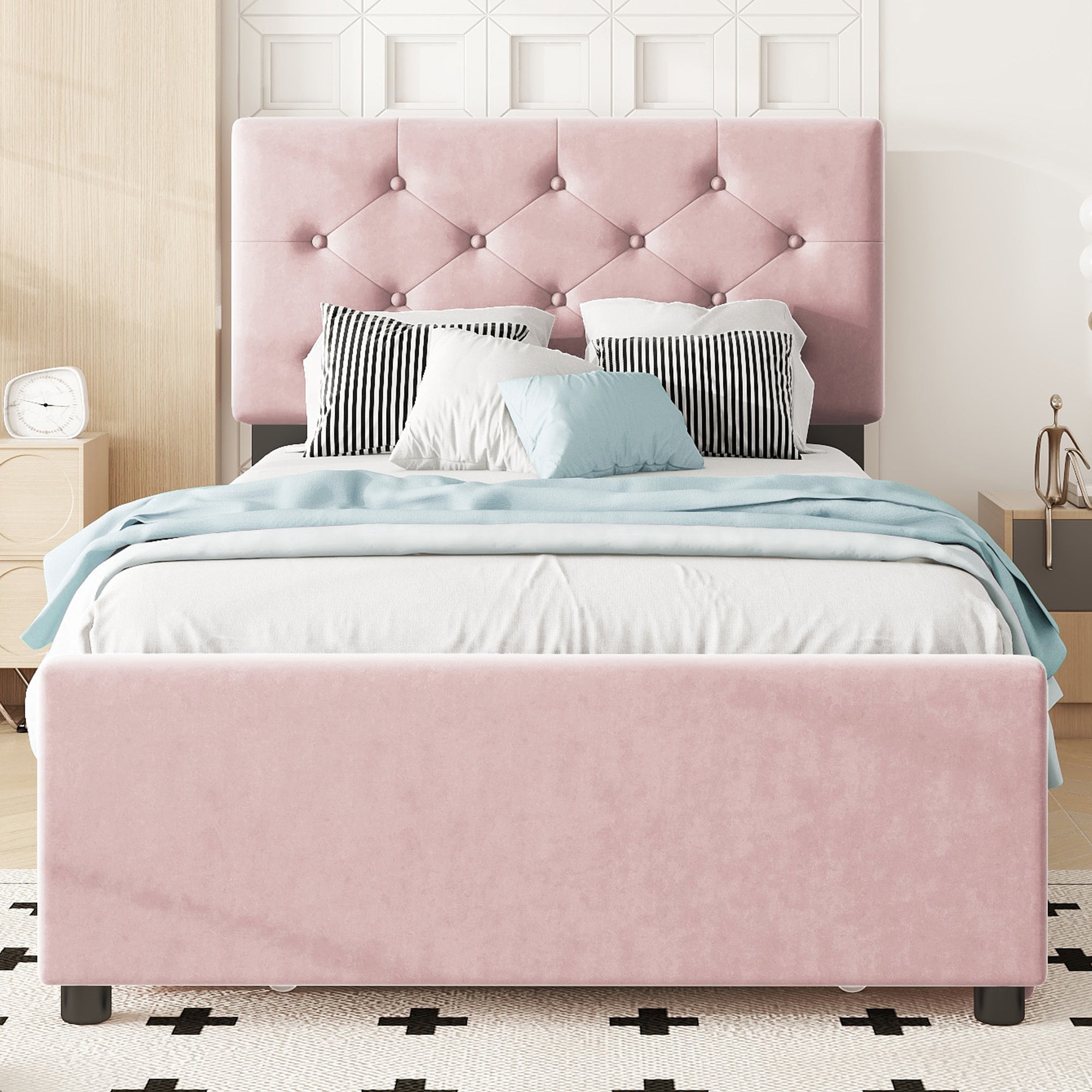 Logidon gestoffeerd bed 90x200 roze fluweel met rolcontainer