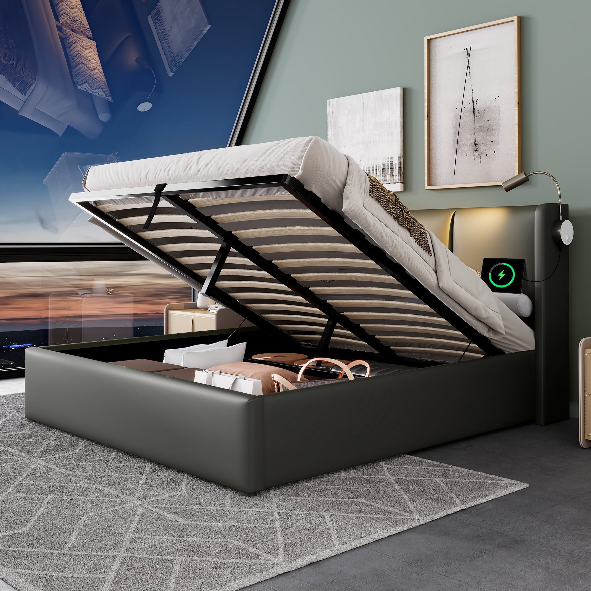 Logidon upholstered bed 160x200 with storage space, reading light charging function gray