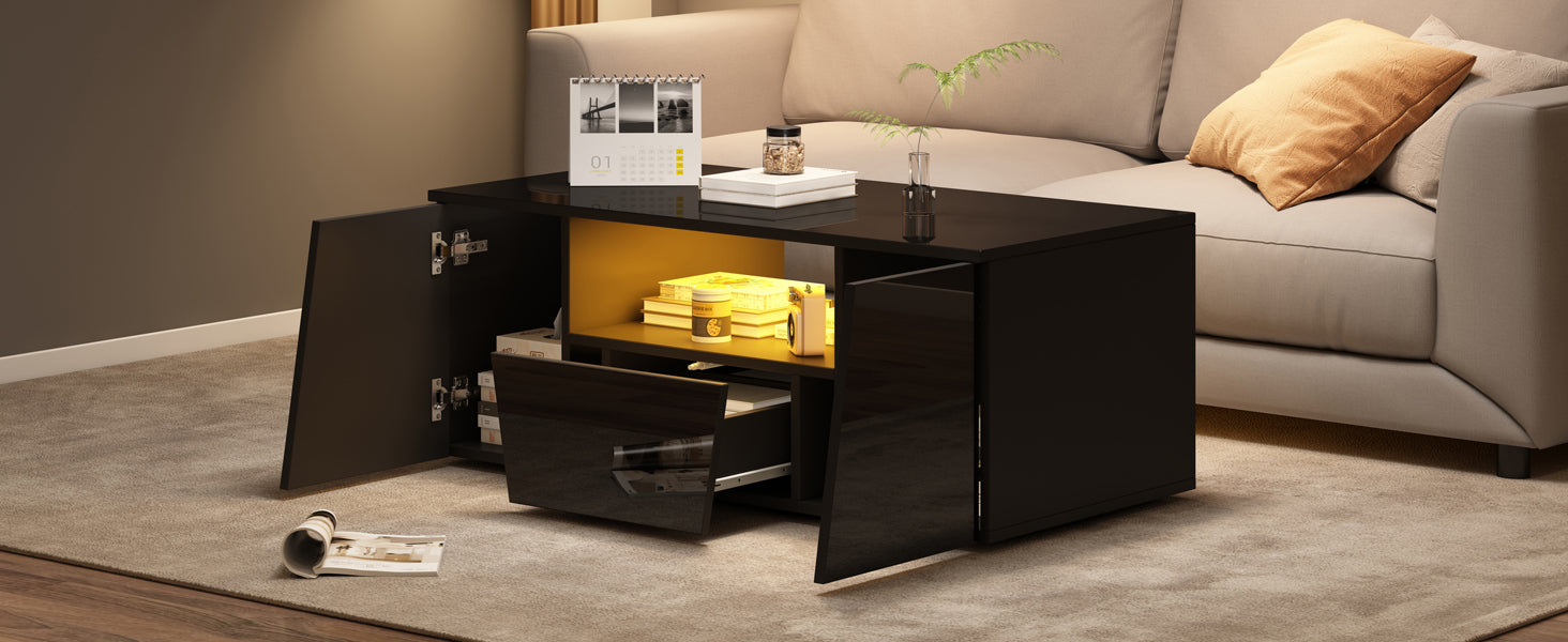 Logidon coffee table 100x50x40 cm black with LED 2 cabinets 1 drawer