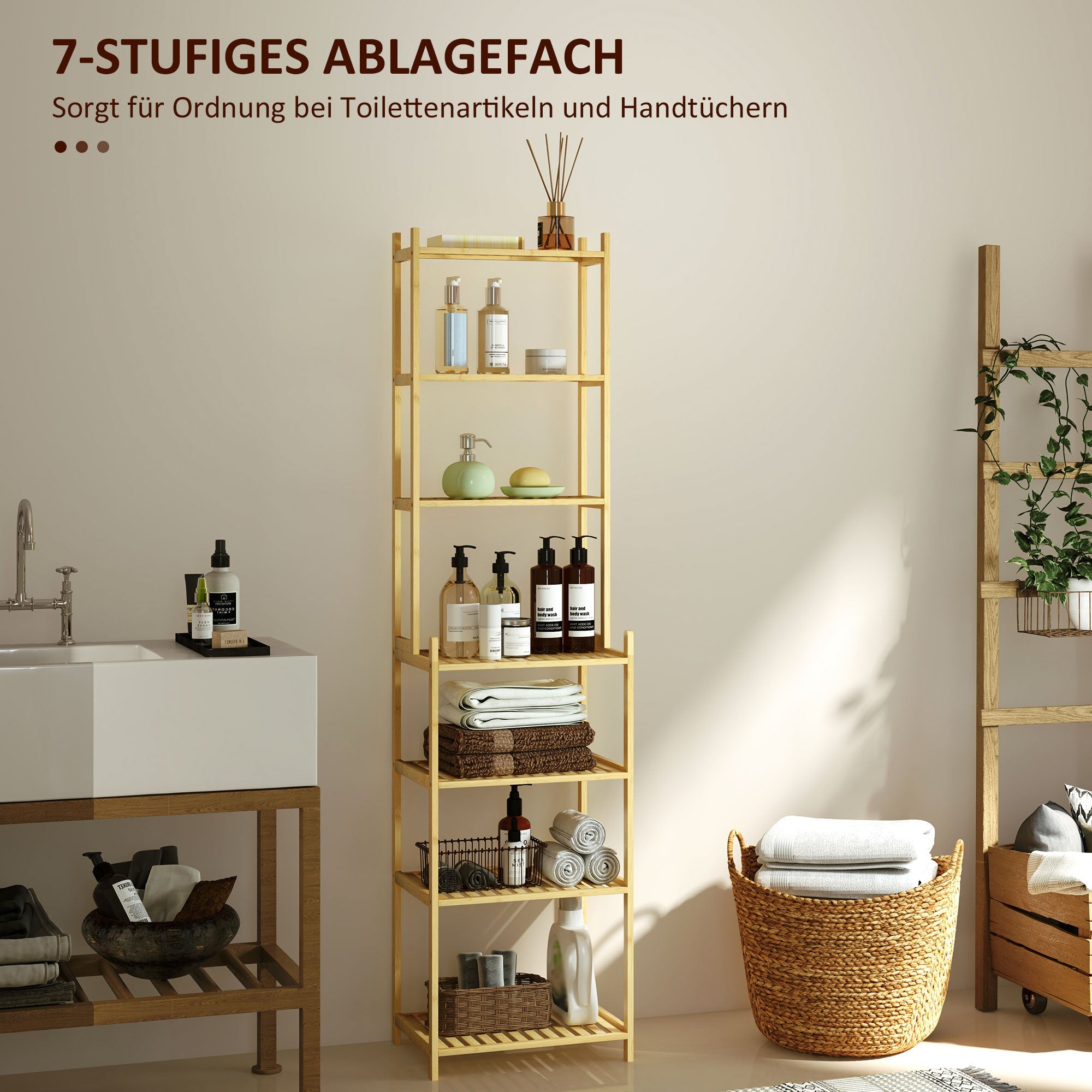 Logidon bathroom shelf natural bamboo 7 levels ladder shelf 44x33x180 cm