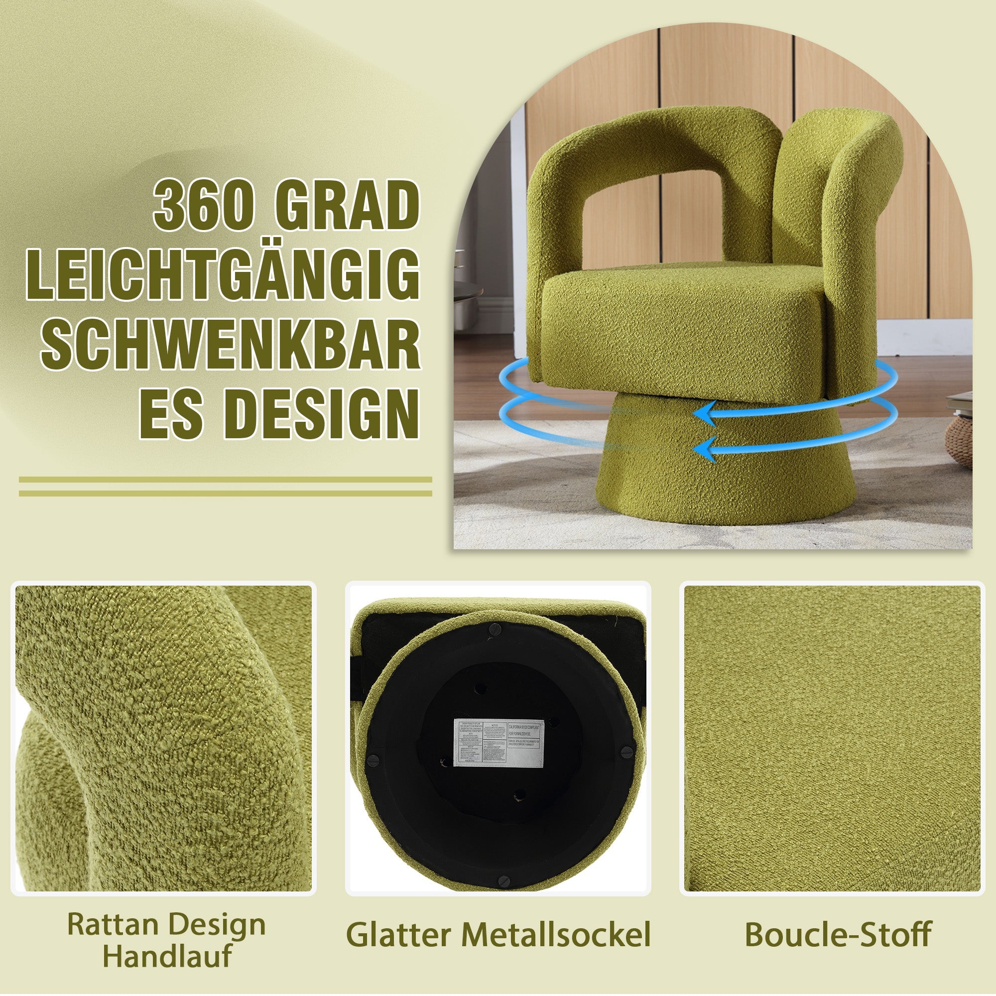 Logidon 360 degree swivel chair Boucle olive green accent chair