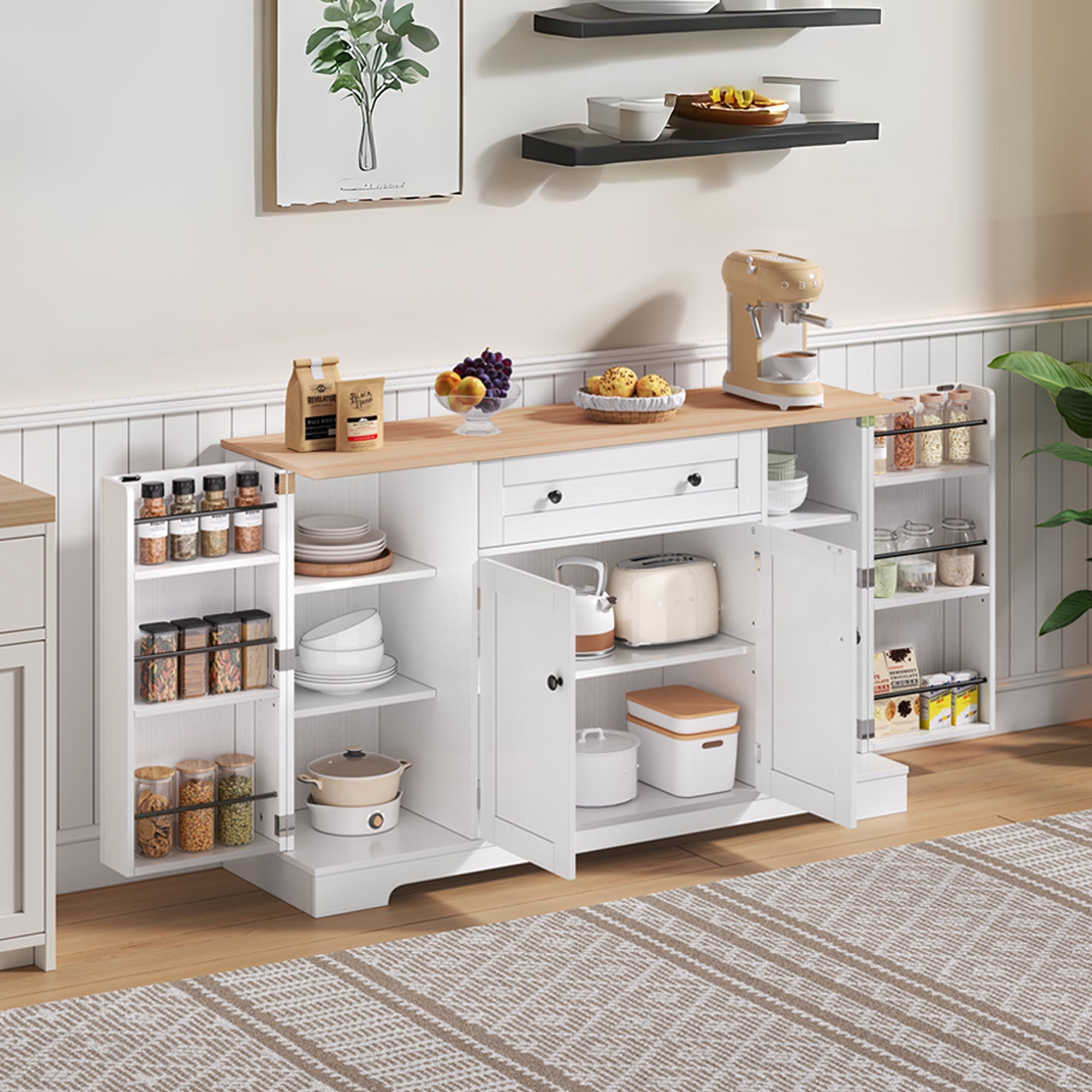 Logidon keukenbuffet 138 cm witte multifunctionele ladedeuren