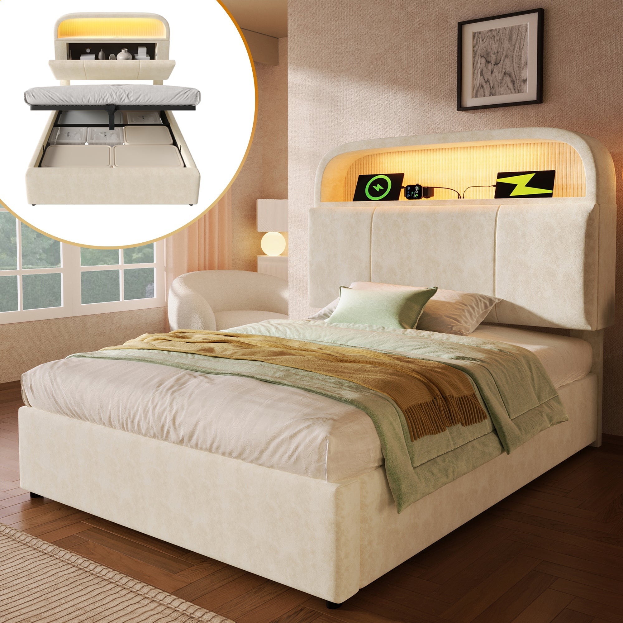 Logidon gestoffeerd bed 90x200 cm beige fluweel met opbergruimte hoofdbord, LED