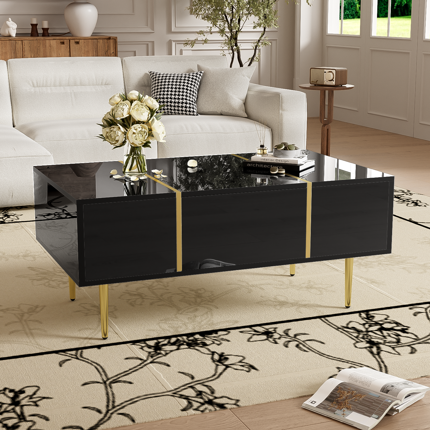 Logidon Moderne Zwarte Hoogglans Salontafel Met 2 Laden