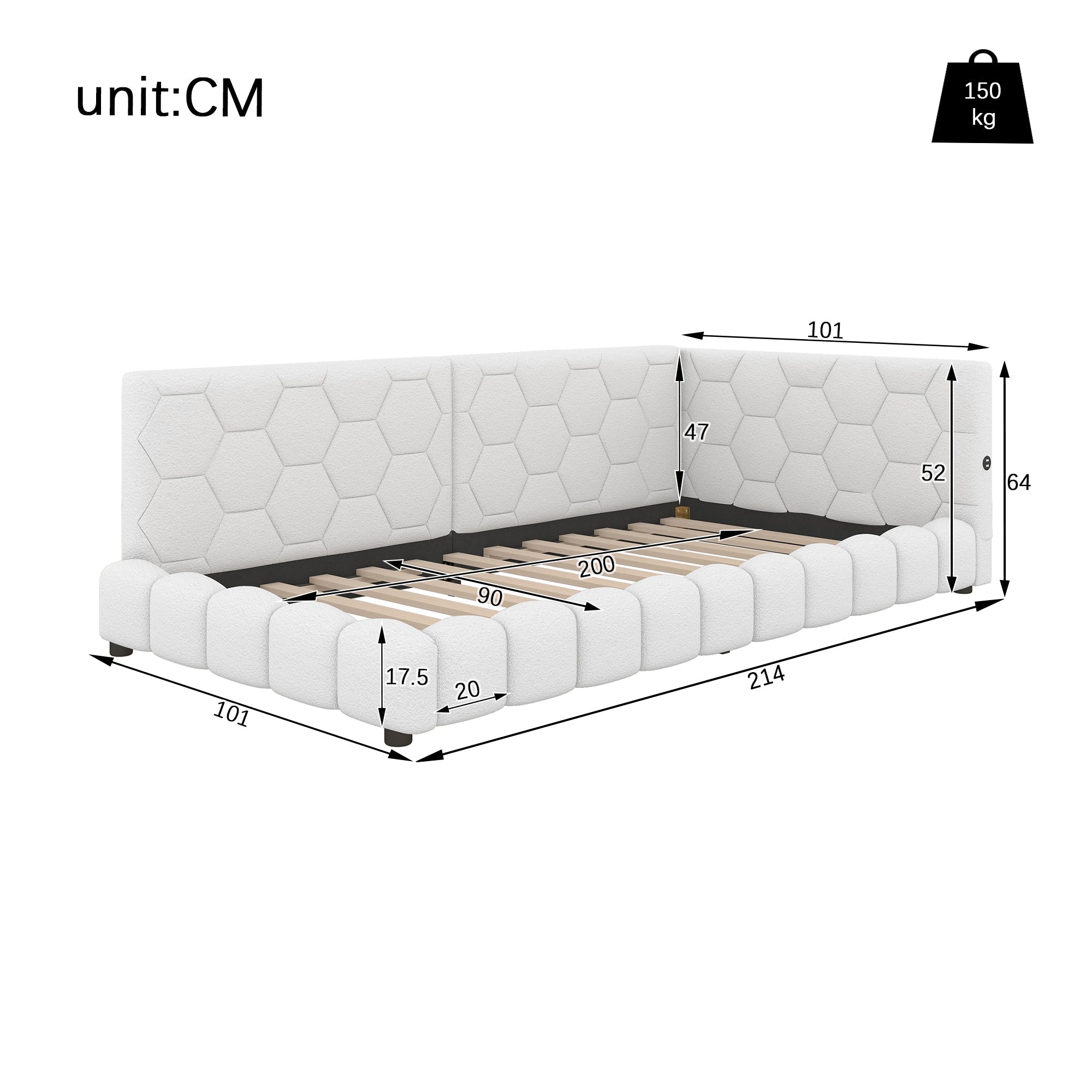 Logidon Daybed 90x200 cm slaapbank wit fluweel lattenbodem USB C