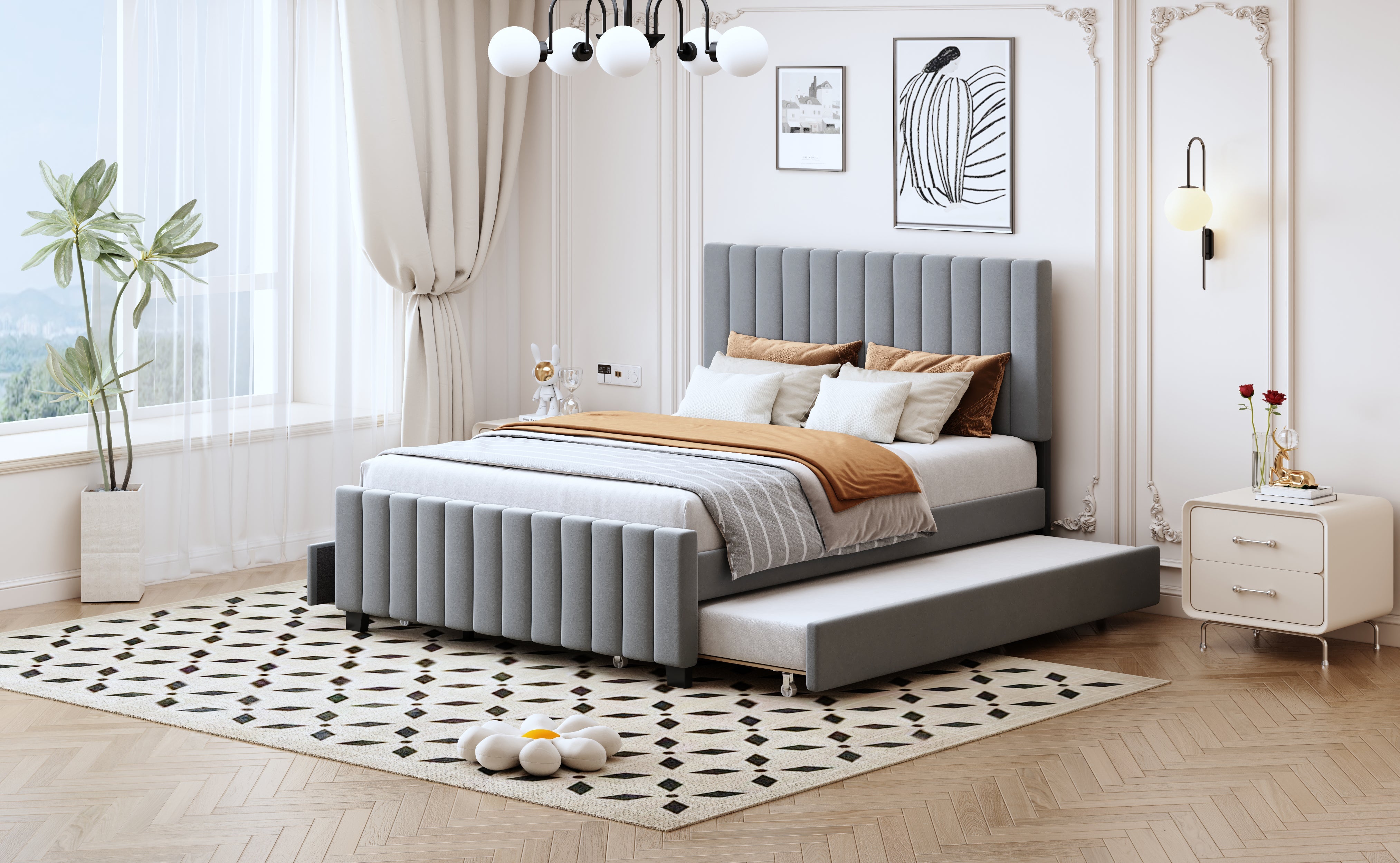 Logidon gestoffeerd bed 140x190 cm uitschuifbaar bed twee laden grijs fluweel