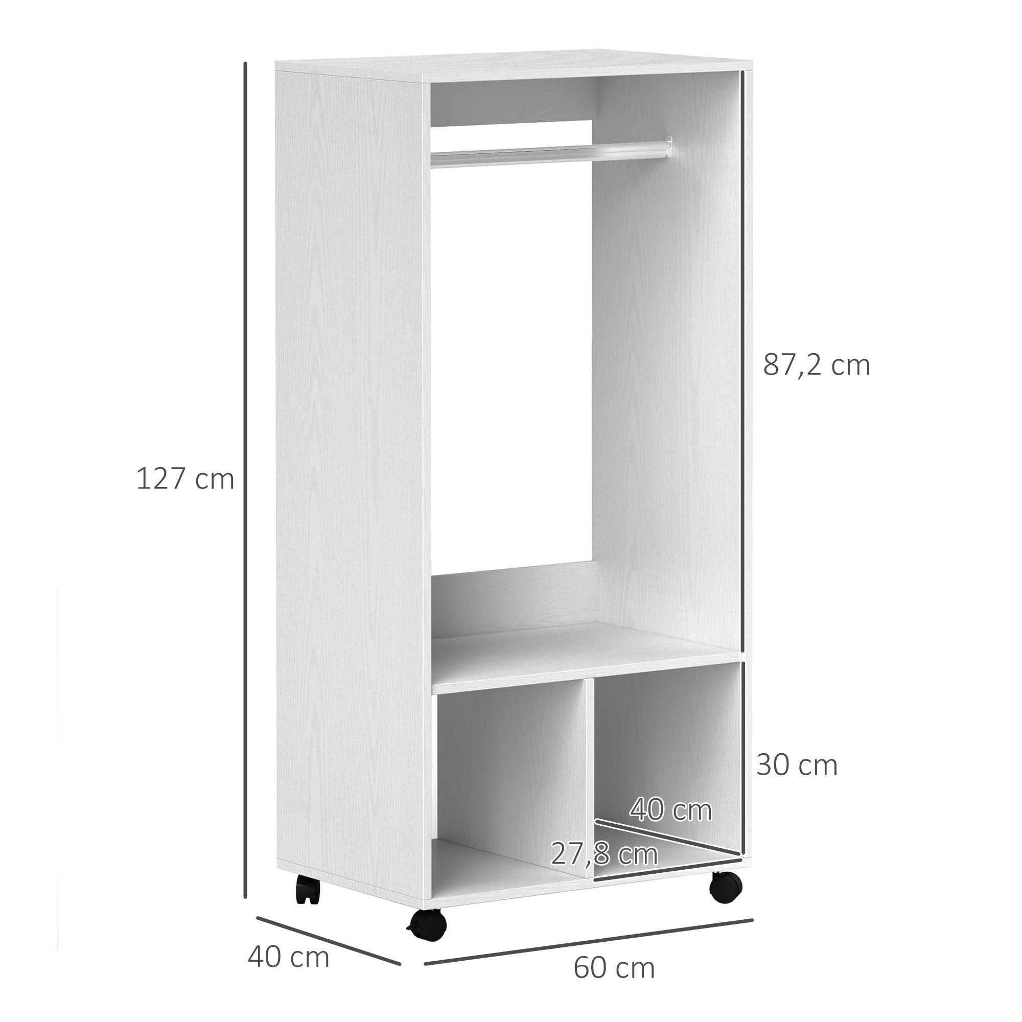 Logidon Mobiele Kledingkast Wit 60x40x127 cm met Plank En Wielen