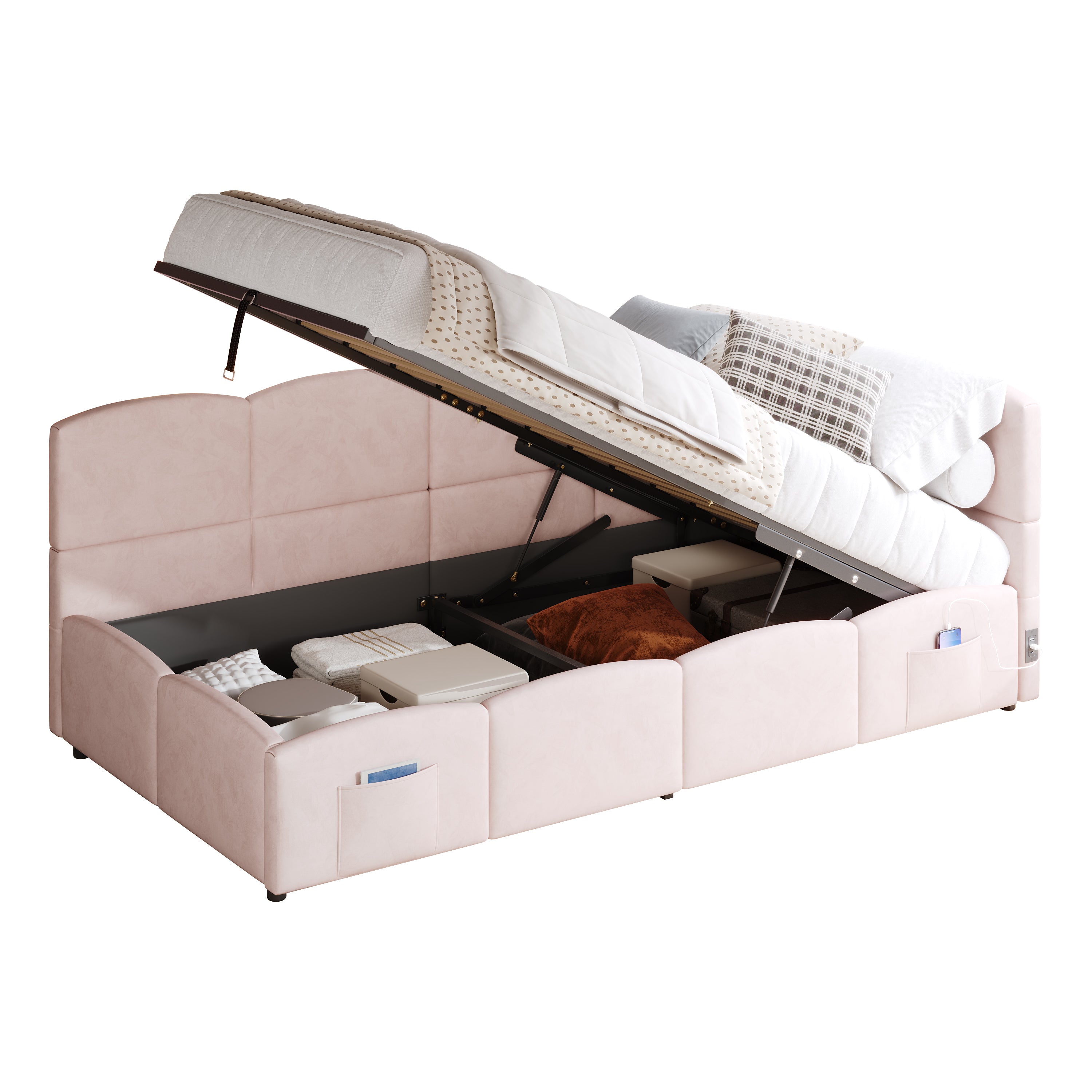 Logidon fluweel gestoffeerd bed roze 90x200 met lattenbodem en opbergruimte
