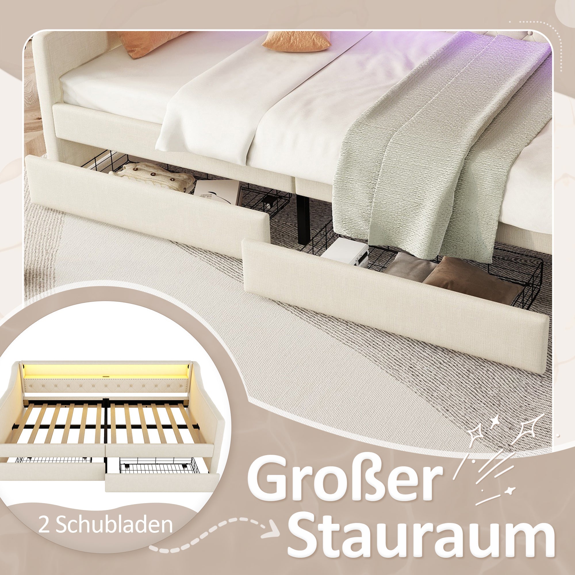 Logidon Daybed 90x200 beige slaapbank met lattenbodem USB-oplaadaansluiting