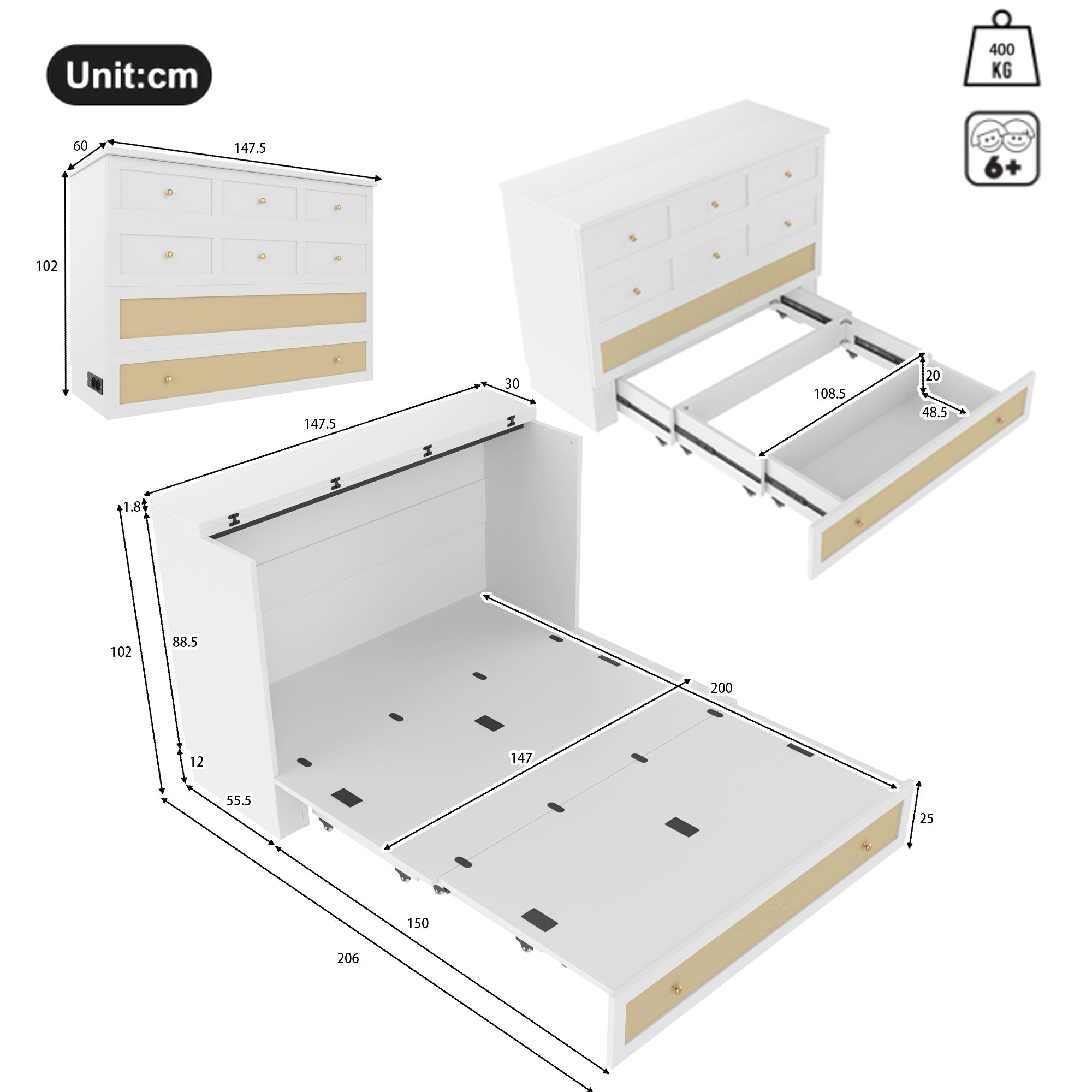 Logidon opklapbed 140x200 wit met USB-aansluiting en lades