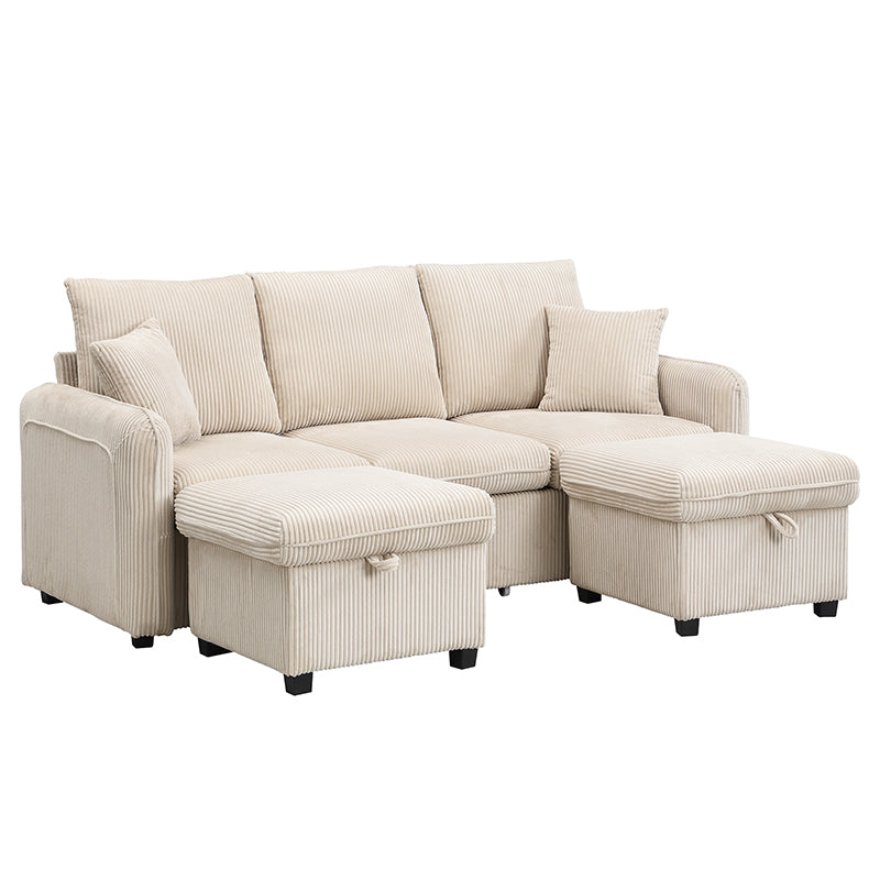 Logidon hoekbank U-vorm beige corduroy stof met opbergvak en slaapfunctie