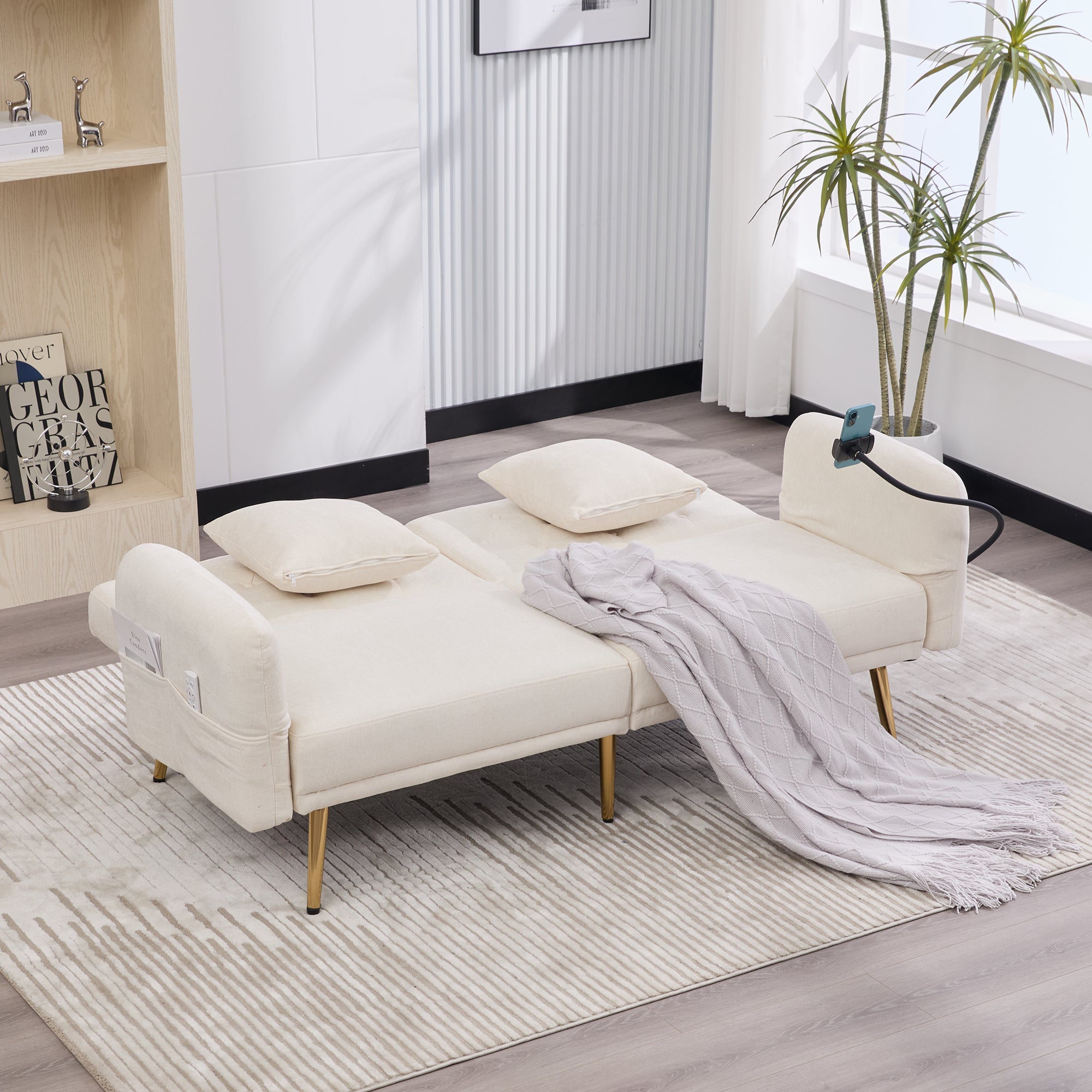 Logidon slaapbank tweezits beige fluweel met verstelbare rugleuning USB