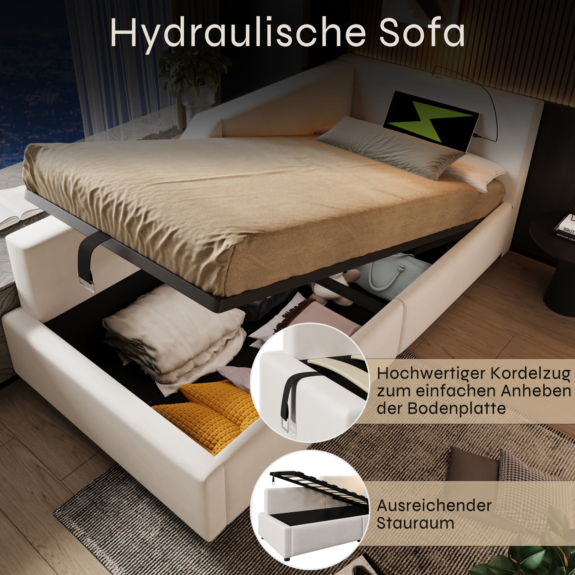 Logidon gestoffeerd bed 90x200 beige fluweel met opbergruimte USB oplaadfunctie